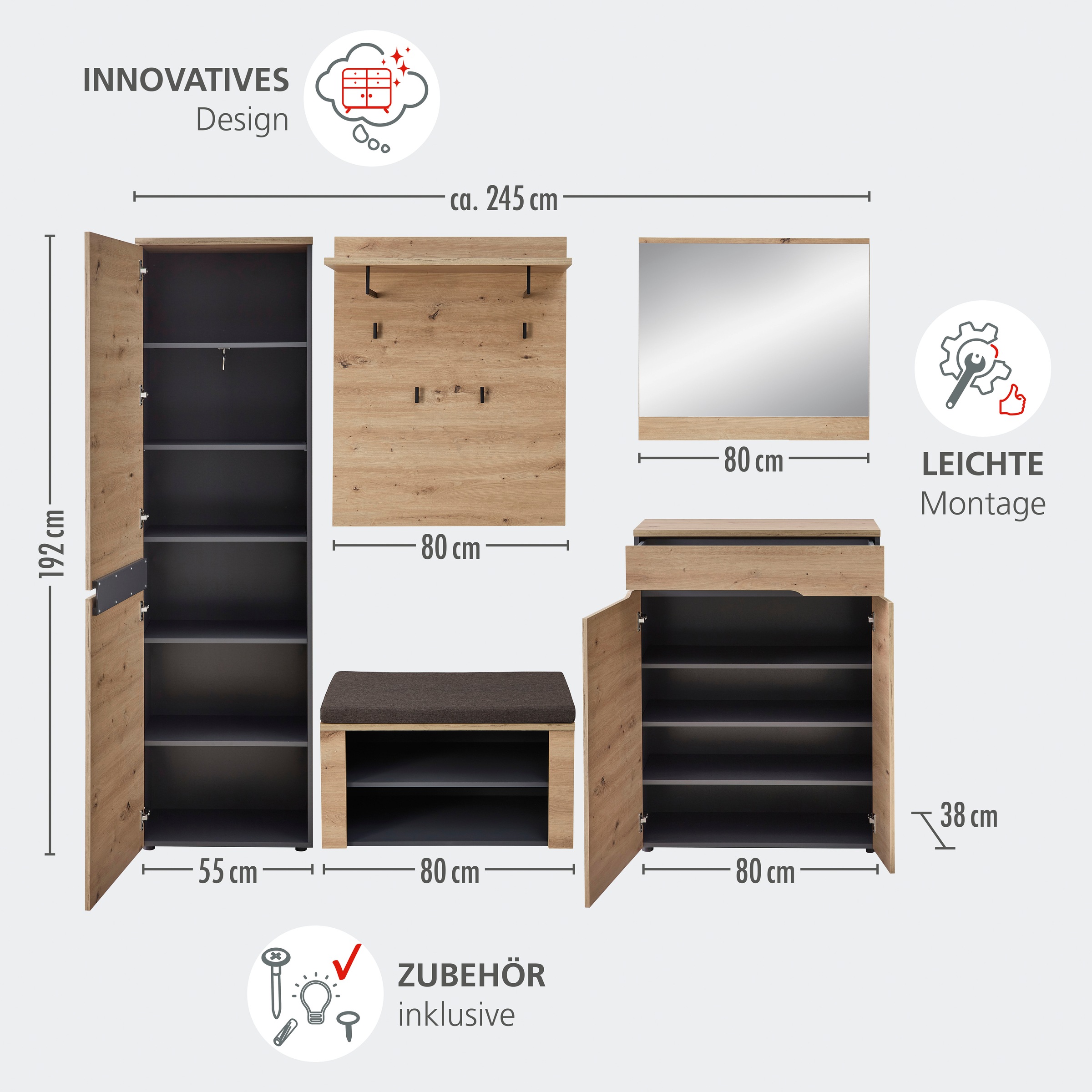 OTTO home Garderobenschrank »Fargo Garderobenschrank, 55/192/38 (B/H/T cm)« 1 Stk. tlg. 4 türig, Spiegel, Softclose, Kleiderstange