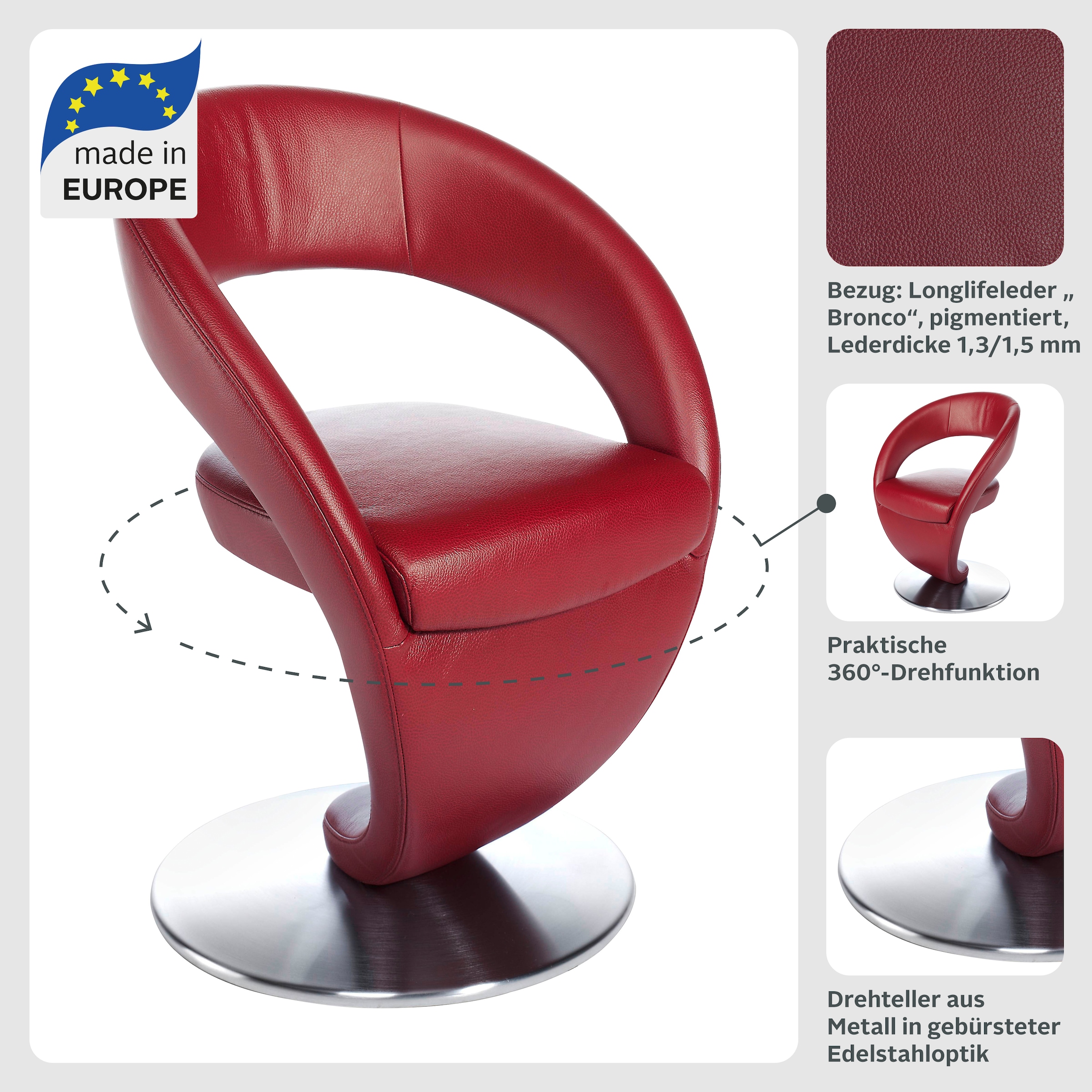 K+W Komfort & Wohnen Drehstuhl »Wave«, Leder Longlife BRONCO, Design-Drehstuhl, Drehteller in Edelstahloptik