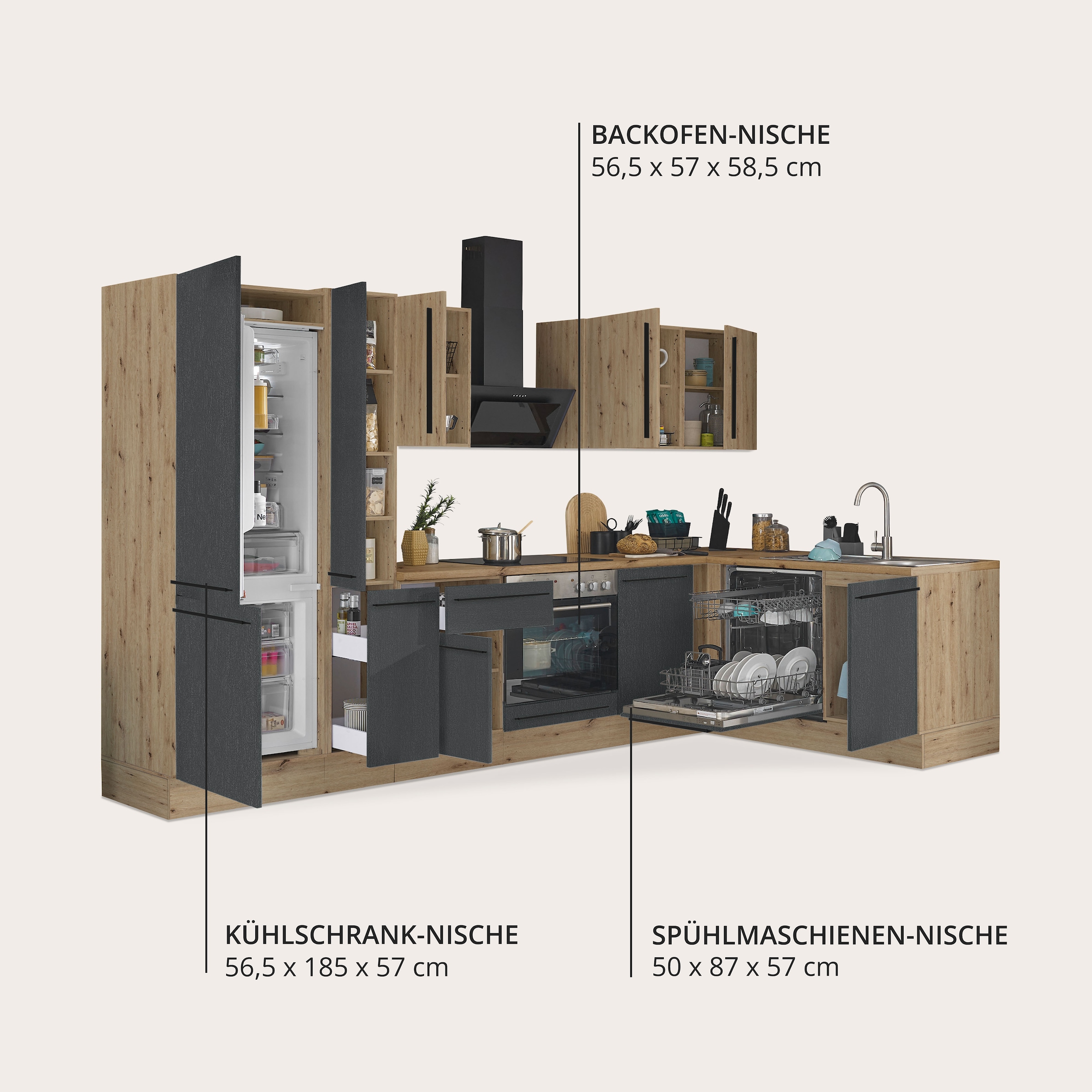 KOCHSTATION Winkelküche »Florida, Stellbreite 310x175 cm« wahlweise mit E-Geräten, mit Softclose für Türen und Schubkästen