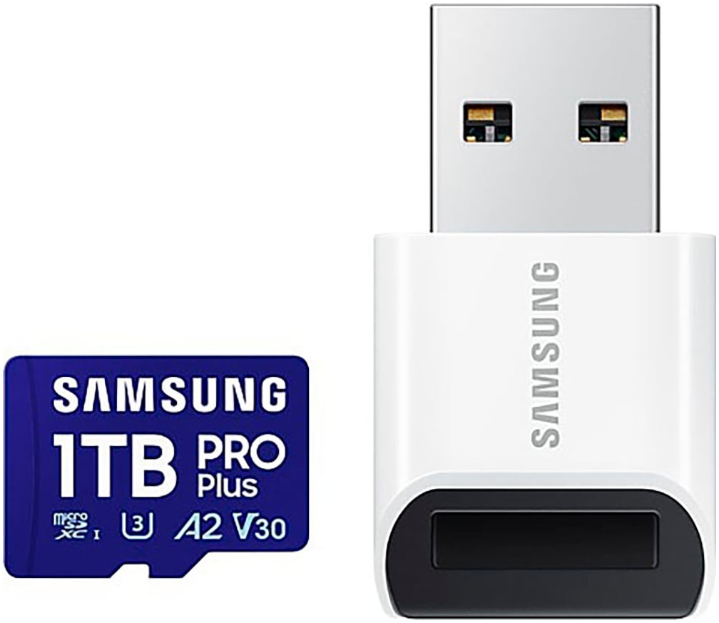 Samsung Speicherkarte »Pro Plus 1TB + USB-Kartenleser« (1000 GB UHS Class 3 180 MB/s Lesegeschwindigkeit) in blau, Größe 1000 GB