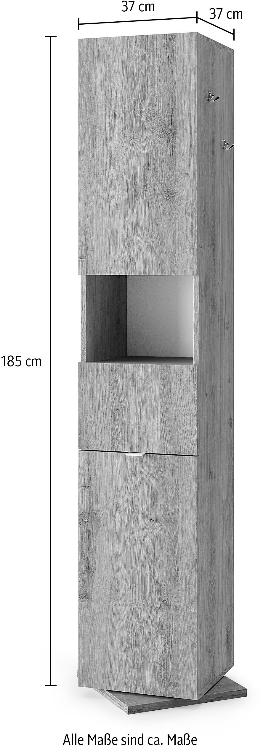 welltime Hochschrank »Hamburg Höhe 185 cm, Breite 35/37 cm, Badschrank drehbar, 2 Türen,«, 1 Schubkasten, 1 offenes Fach, mit Spiegel, Metallhaken, Metallgriff
