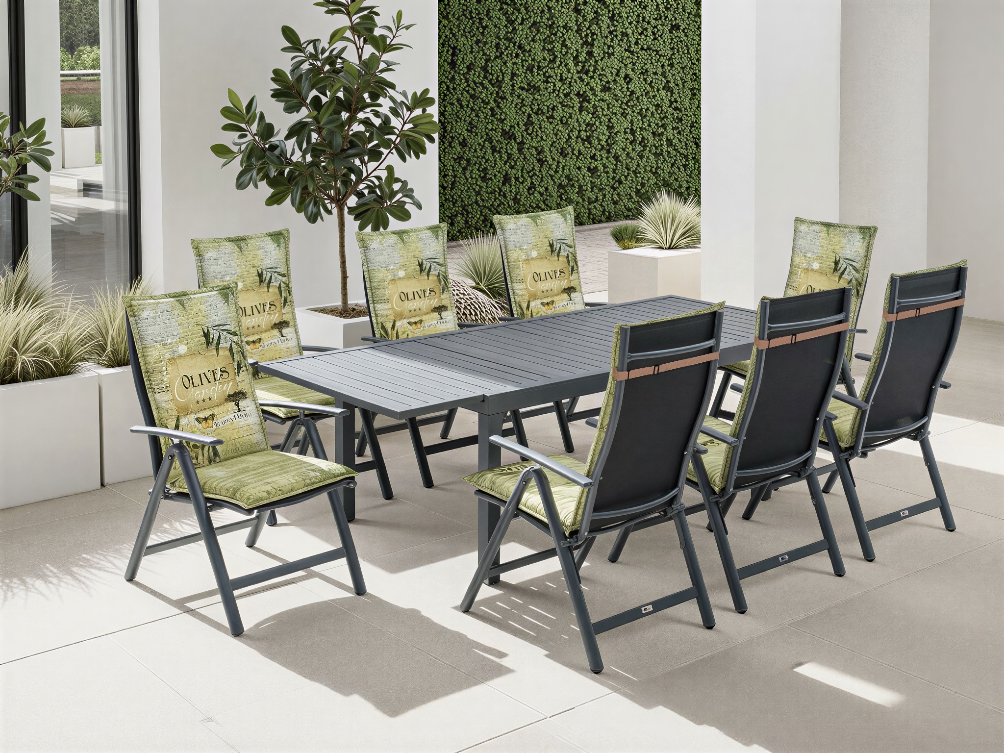 KONIFERA Garten-Essgruppe »Palermo« 8x Sessel, 1x AZ-Tisch 160-240x100 cm, Aluminium, Textilgewebe, 9 Stk. tlg. klappbar, 7-fach verstellbare Rückenlehne, Tischplatte aus Alulatten