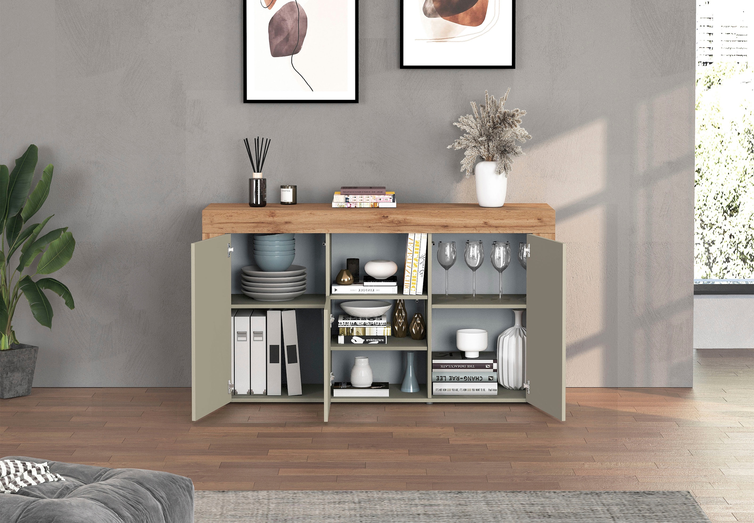OTTO home Sideboard »CHRONOS Breite 155 cm mit 3 Türen, 1 offenes und 6 geschlossene Fächer« 1 Stk. tlg. Sideboard,Kommode, Schrank, Grifflos mit Push to Open, Made in Italy