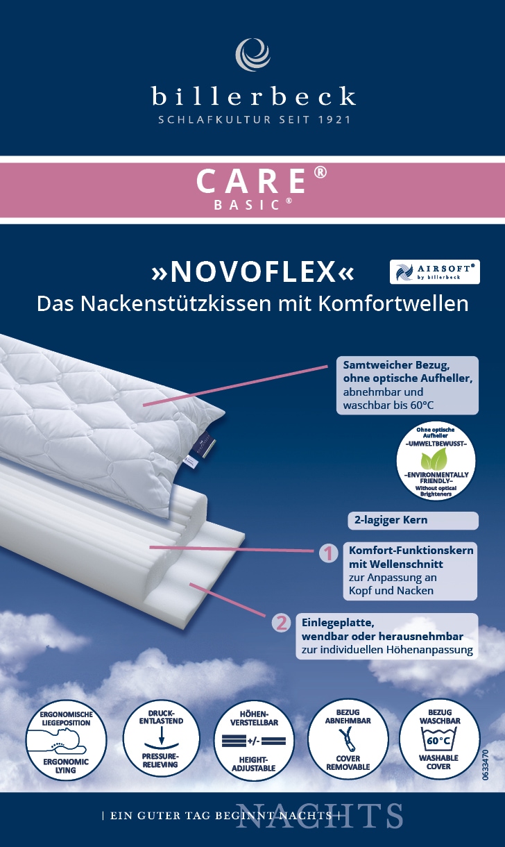 billerbeck Nackenstützkissen »Novoflex«, Bezug: Baumwoll-Satin, 100 % Baumwolle, versteppt mit AIRSOFT®, 100 % Polyester, mit Reißverschluss, (1 St.)