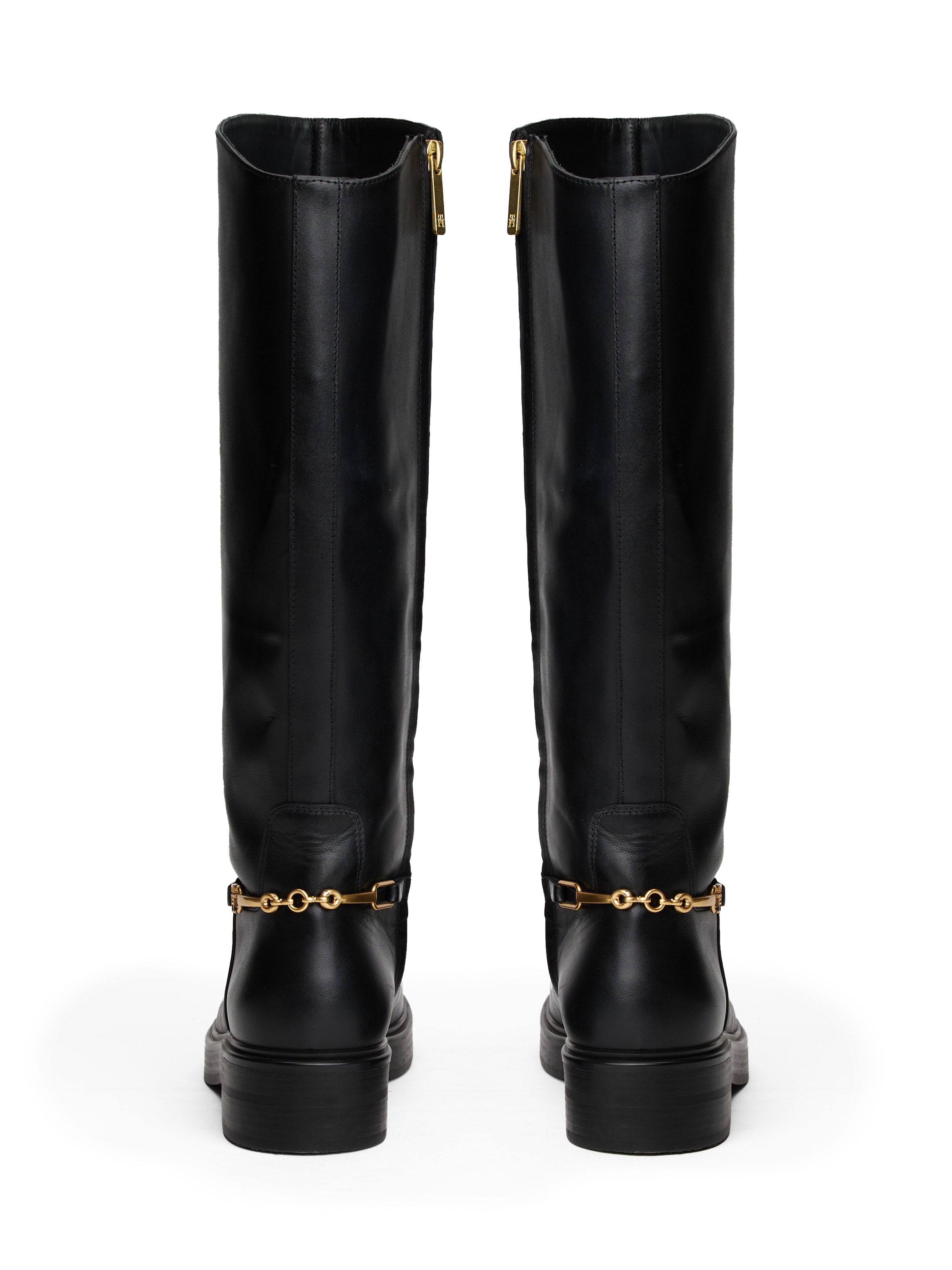 Tommy Hilfiger Stiefel »TH HORSEBIT RIDING LONG BOOT«  , Blockabsatz, Langschaftstiefel, goldfarbene Zierkette an der Ferse