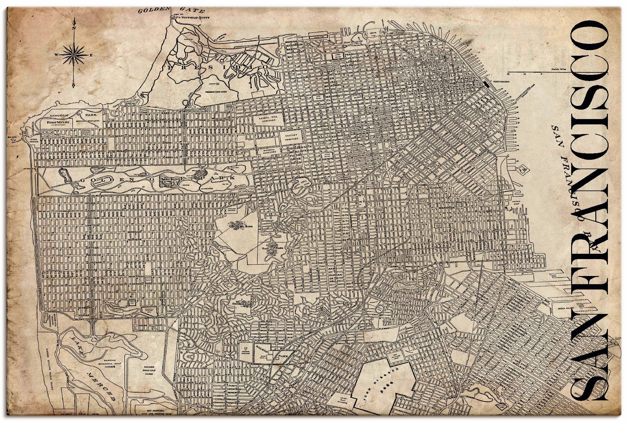 Artland Wandbild »San Francisco Karte Straßen Karte Grunge«, Amerika, (1 St.), in vielen Größen & Produktarten - Alubild / Outdoorbild für den Außenbereich, Leinwandbild, Poster, Wandaufkleber / Wandtattoo auch für Badezimmer geeignet