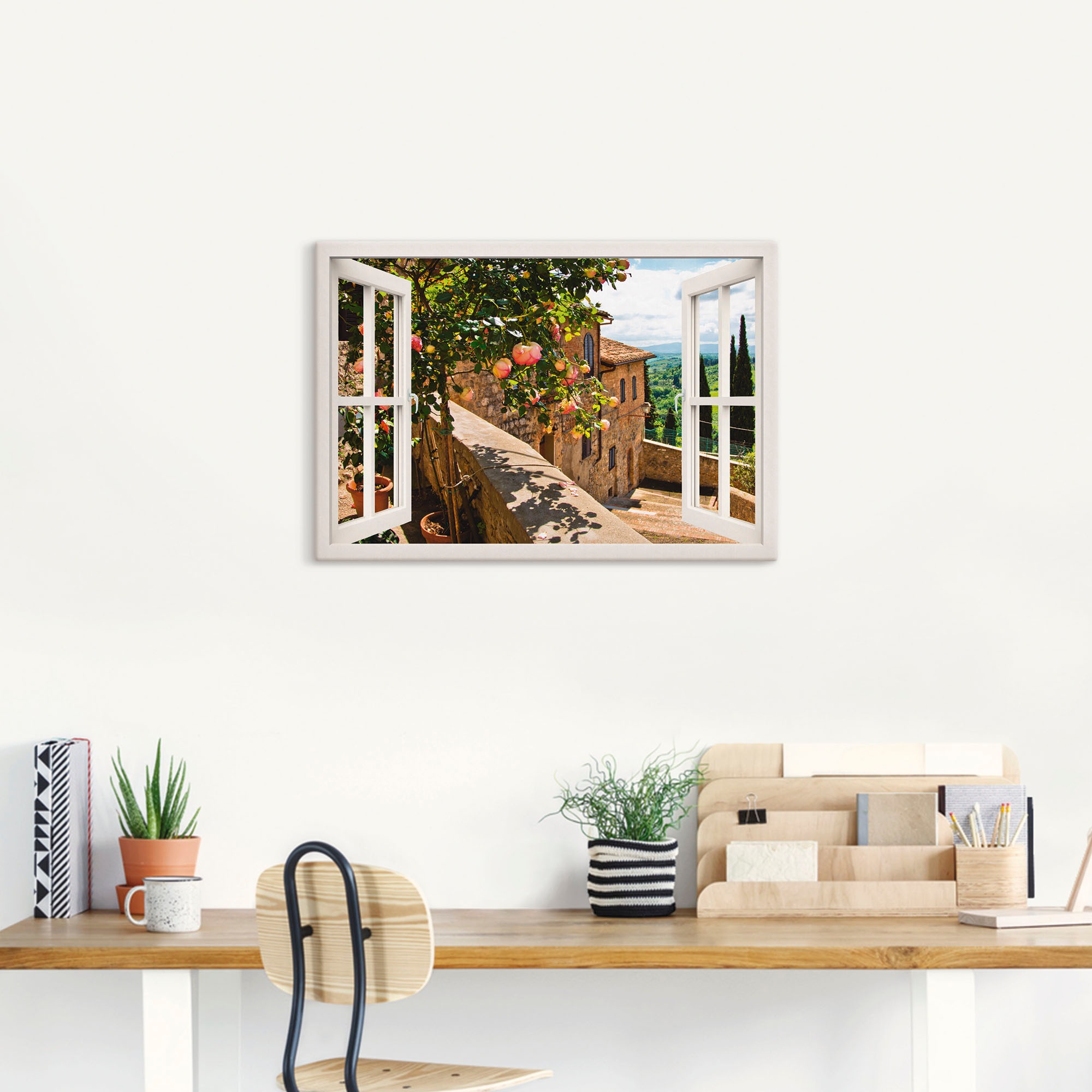 Artland Wandbild »Fensterblick Rosen auf Balkon Toskana«, Garten, (1 St.), als Alubild, Outdoorbild, Leinwandbild, Poster, Wandaufkleber
