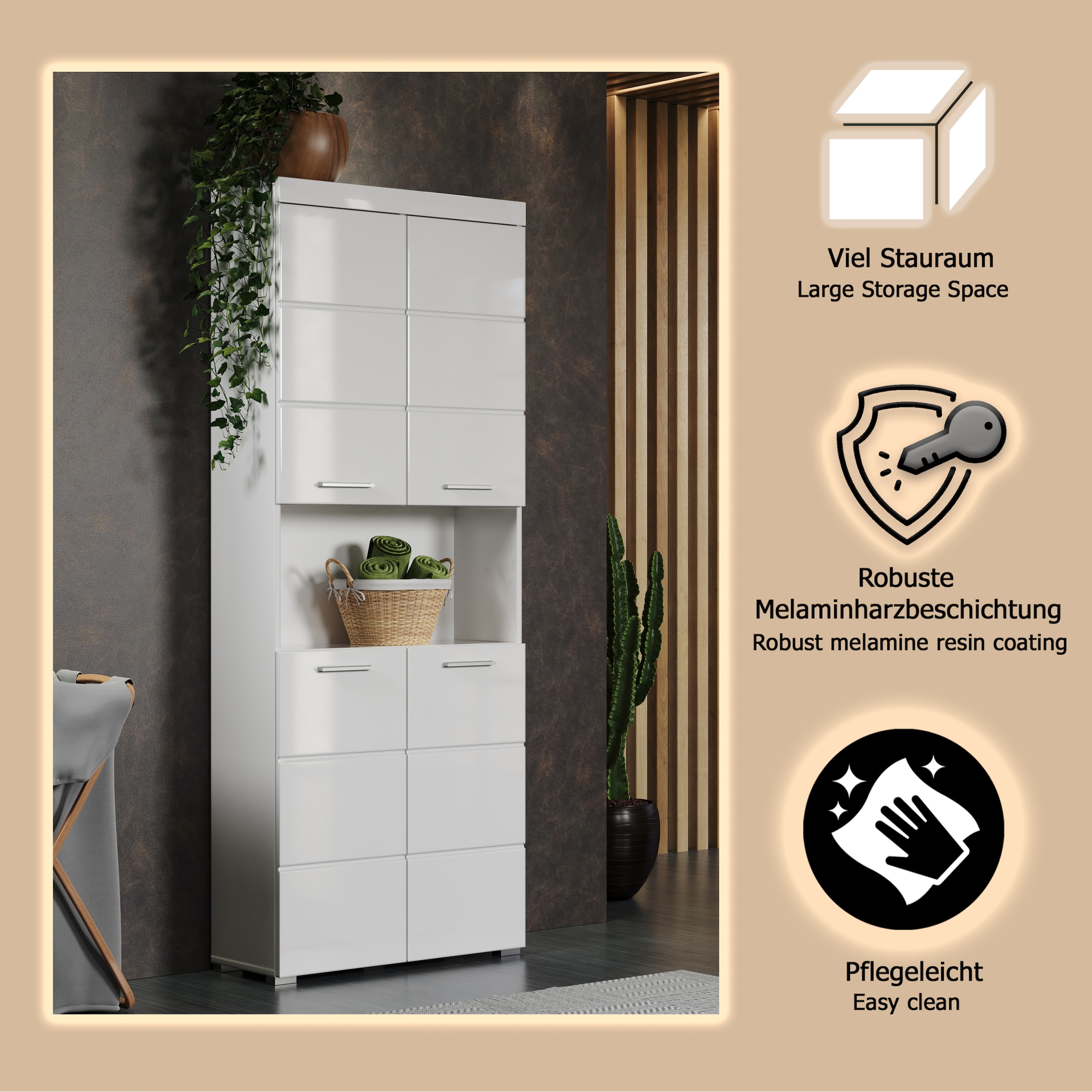 welltime Hochschrank »Avena«, Badschrank 4-türig mit o. Fach und 4 Einlegeböden - B/T/H 73/31/190 cm