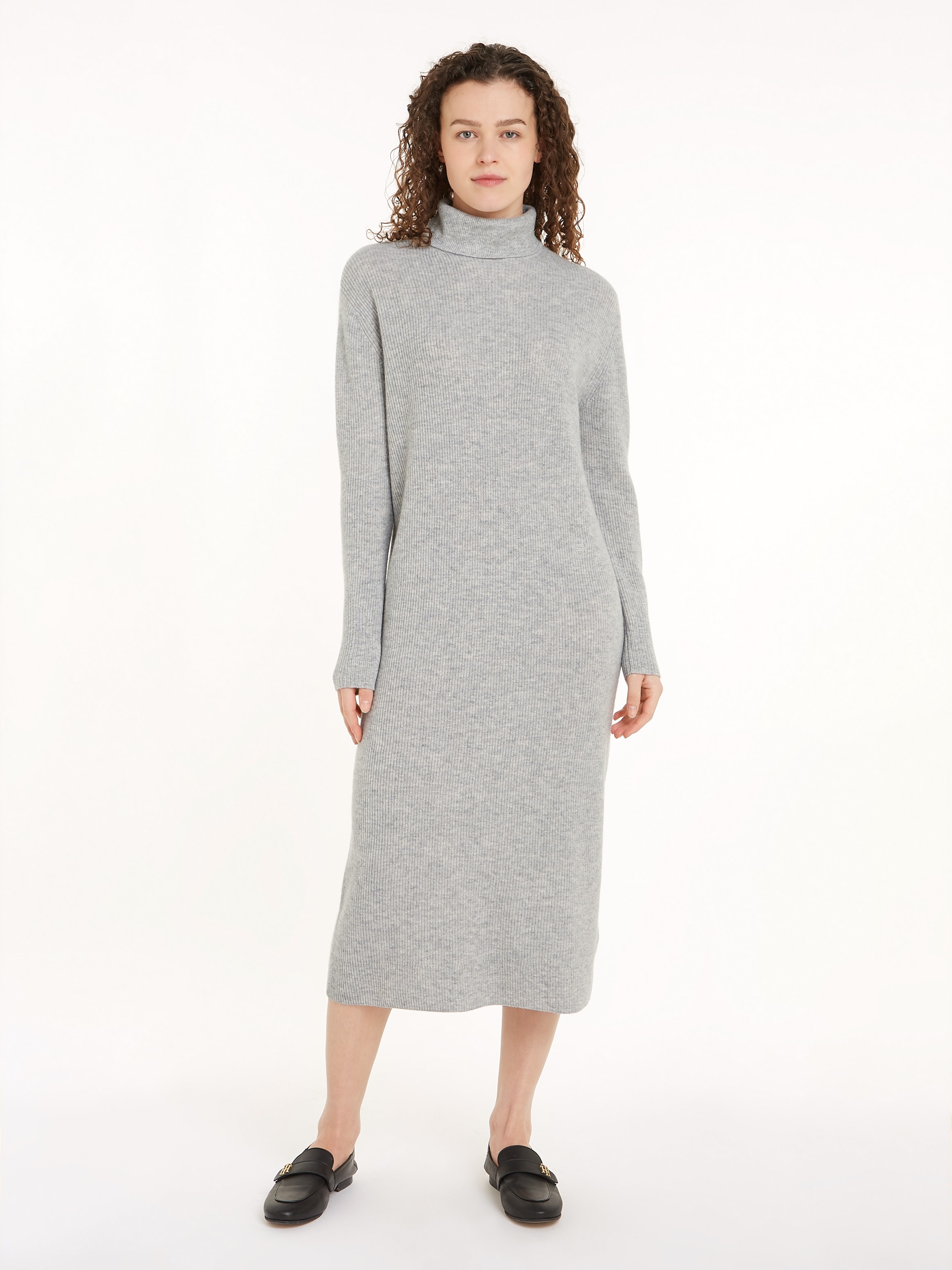 Strickkleid »WOOL CASH ROLL-NK LONG DRESS«, mit Logostickerei, in Rippoptik