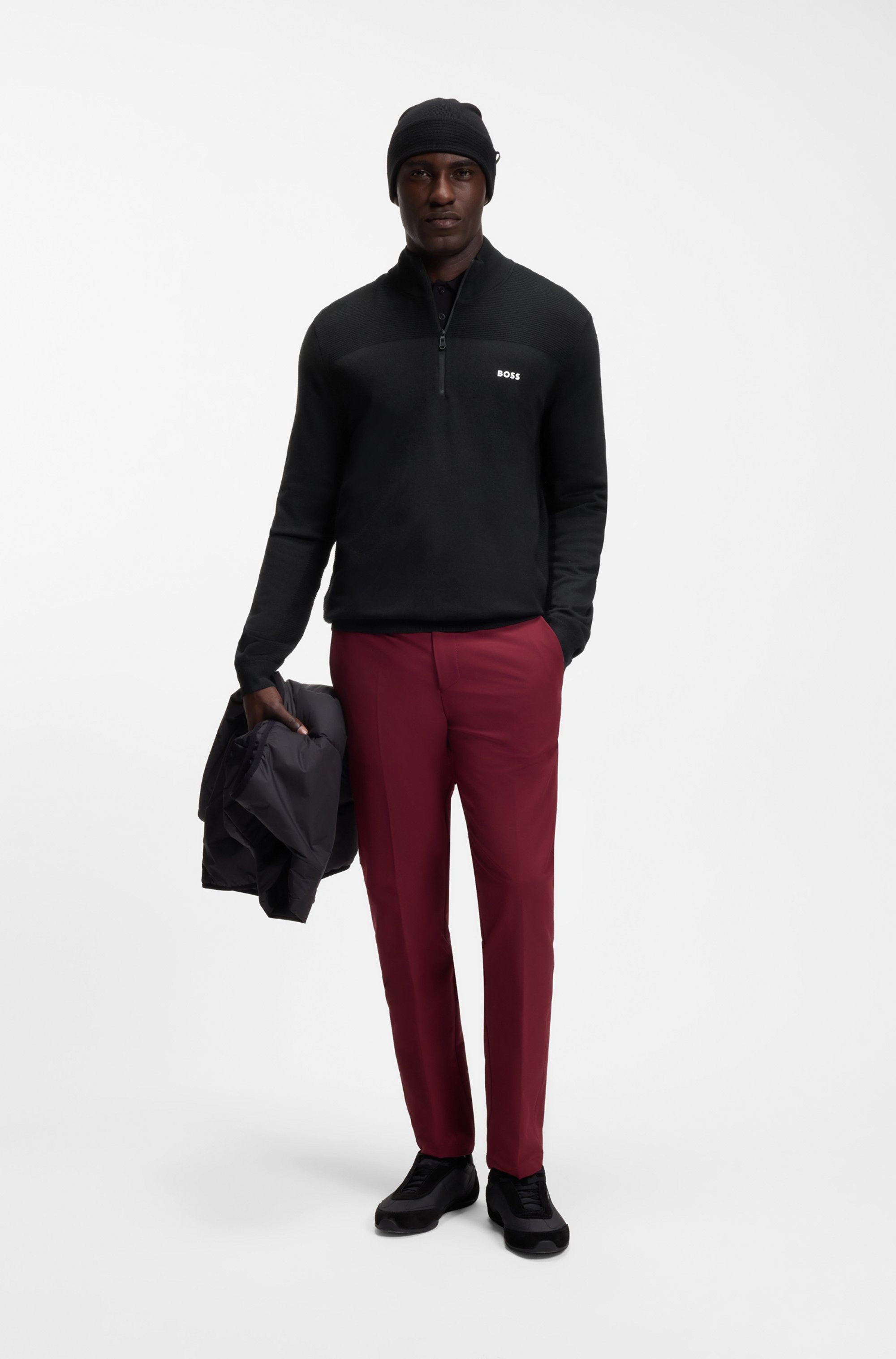 BOSS GREEN Strickpullover Stehkragen mit Reißverschluss, Regular Fit, Woll-Anteil