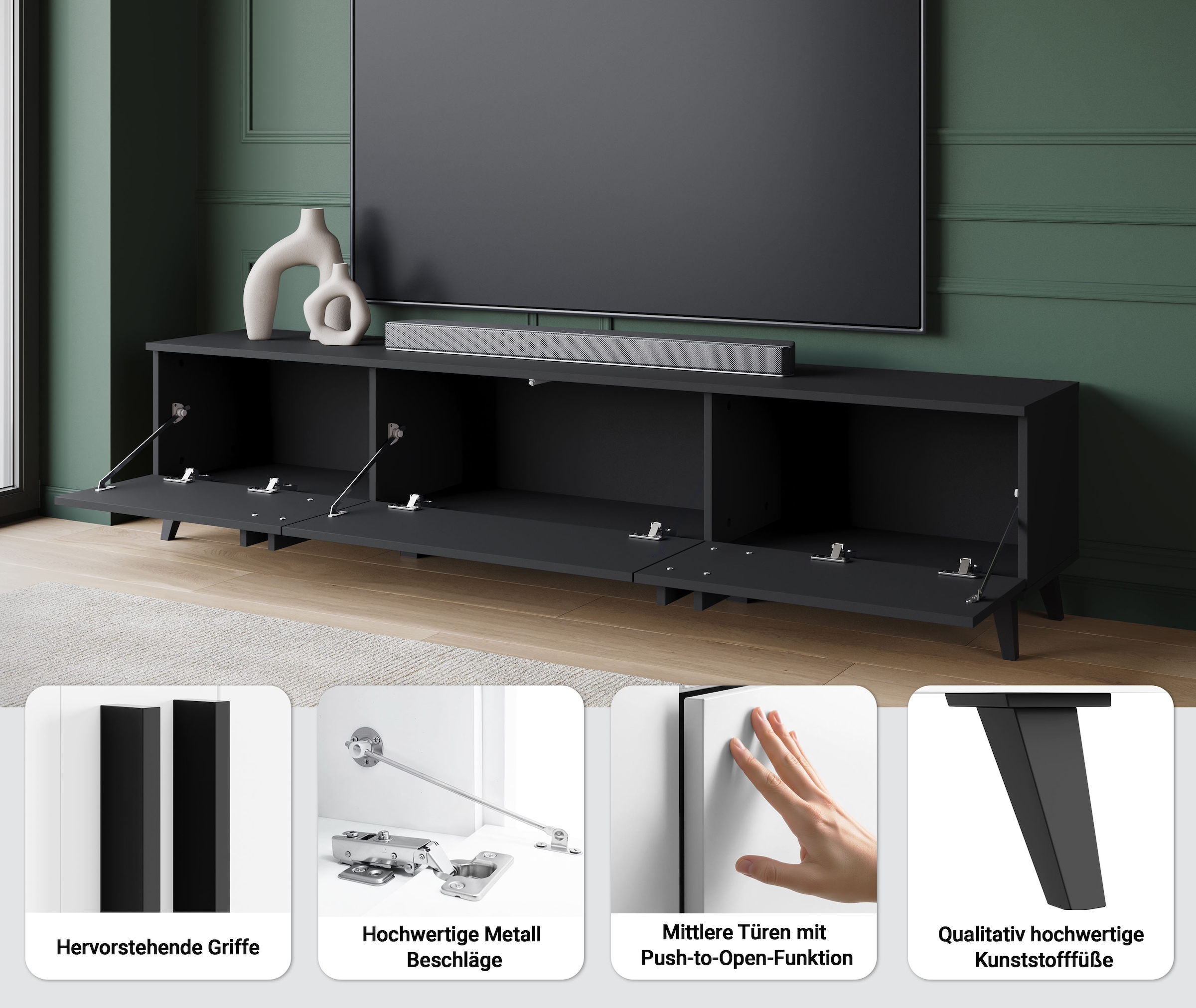 Home affaire Lowboard »Helsinki, TV-Kommode Breite 180cm« 1 Stk. tlg. modernes Design, 3 Klapptüren