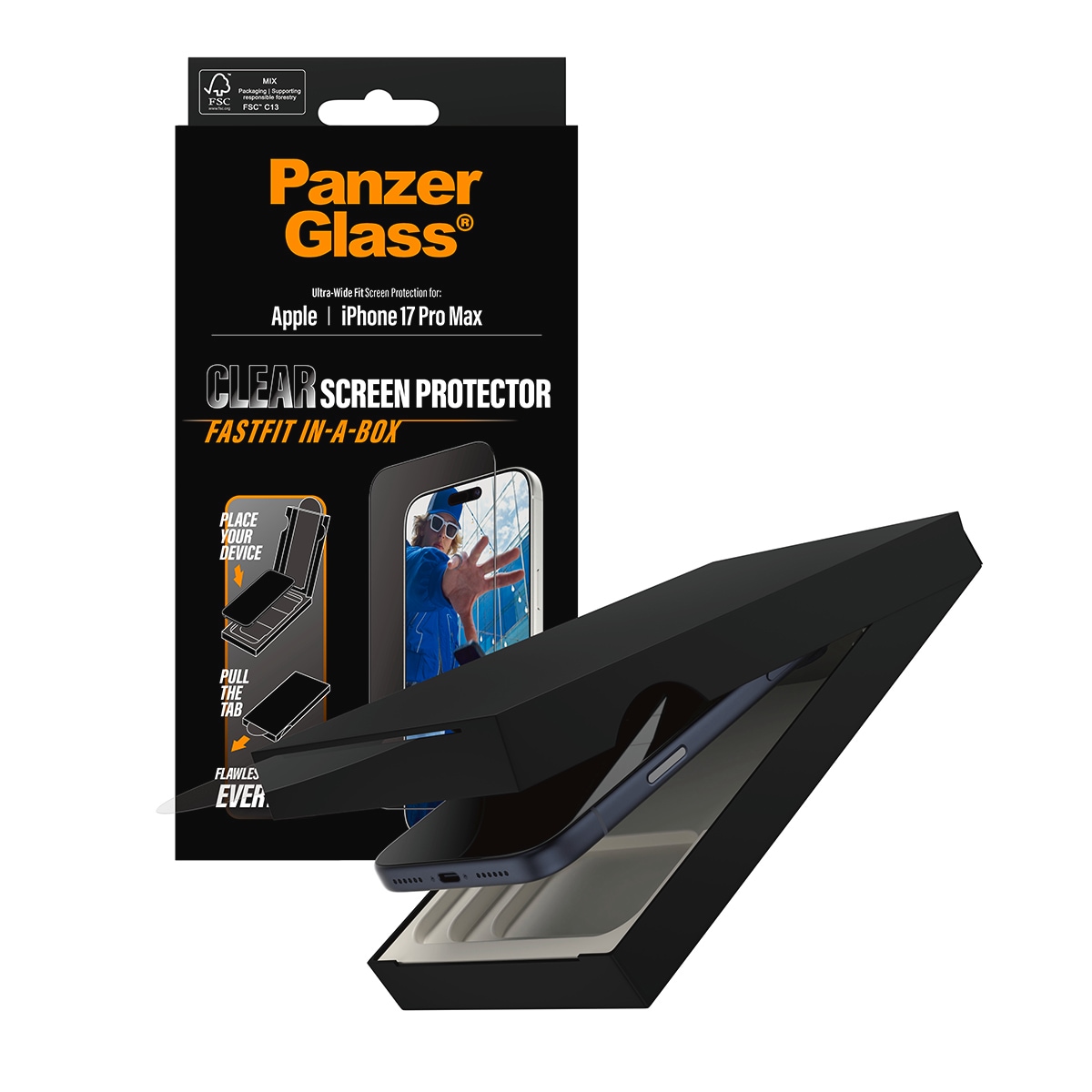 CARE by PanzerGlass Displayschutzglas »Ultra-Wide Fit Screen Protector FASTFIT IN-A-BOX« für Apple iPhone 17 Pro Max Displayschutzfolie, Schutzfolie, Bildschirmschutz, kratz- & stoßfest