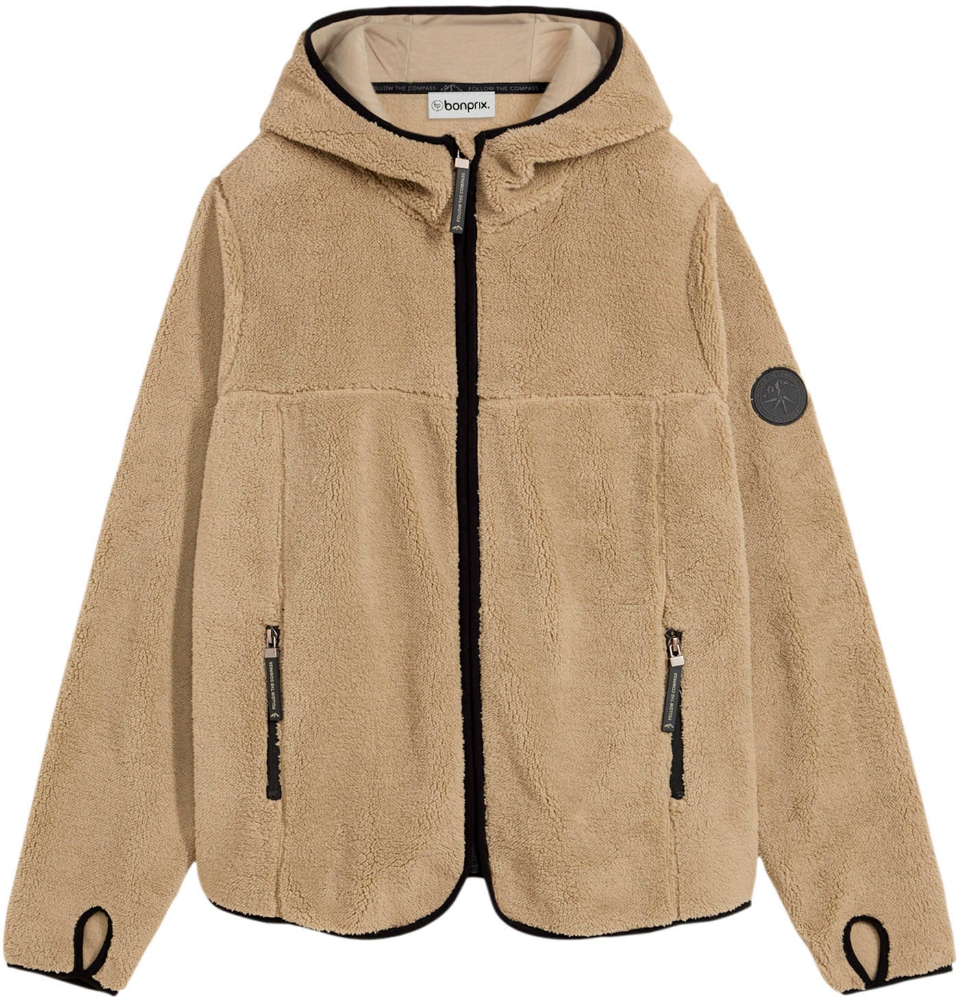 bonprix Fleecejacke mit Kapuze mit Kapuze, aus Teddy-Fleece, lässige Passform, mit Stehkragen