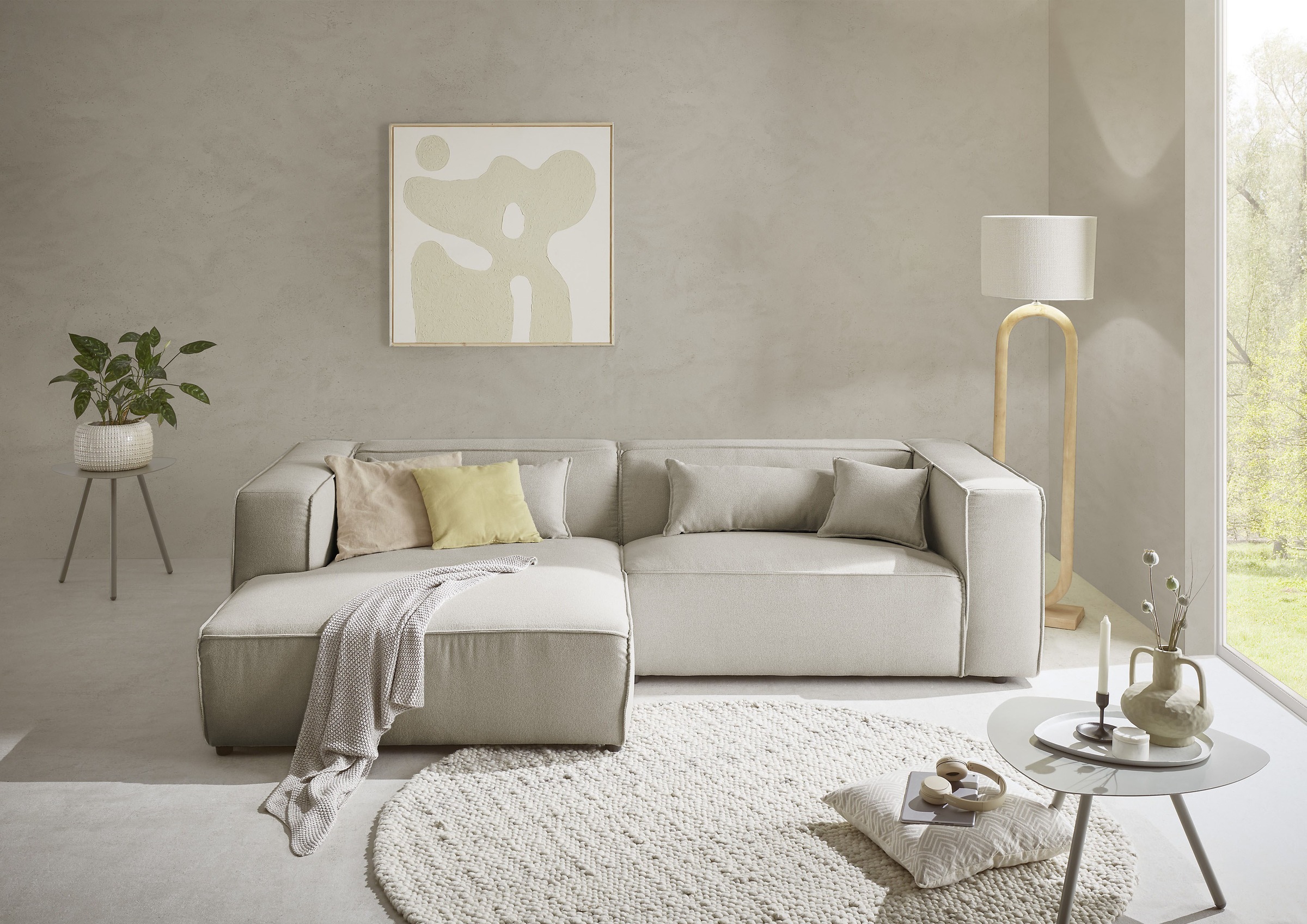 LeGer Home by Lena Gercke Ecksofa »PIARA mit Kedernaht in Cord oder Leinenoptik, moderne Couch in L-Form«, wahlweise Ottomane rechts/links, schwarze Füße, bequemer Sitzkomfort