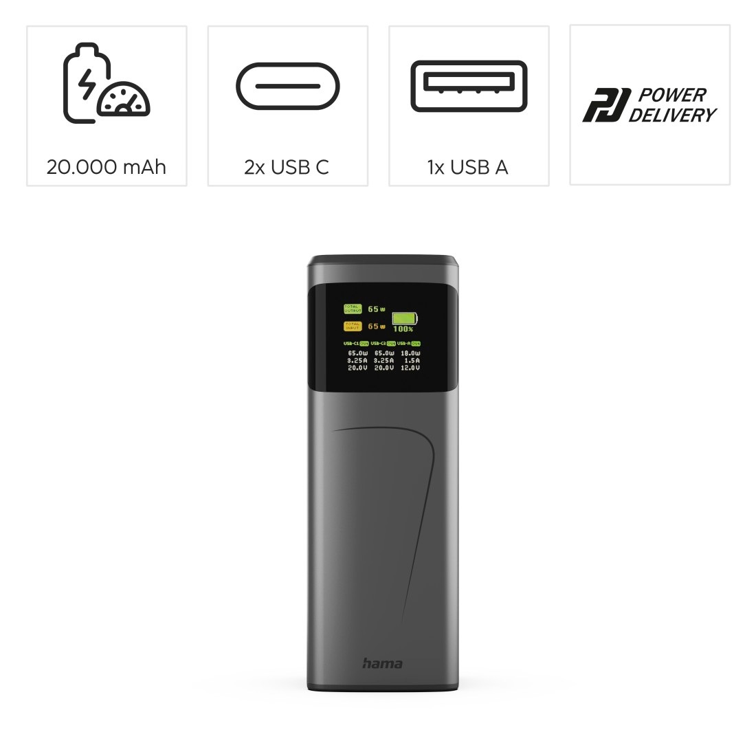 Hama Powerbank »Powerbank (65 W, 20000 mAh, 2x USB-C, 1x USB-A, Schnellladen)«