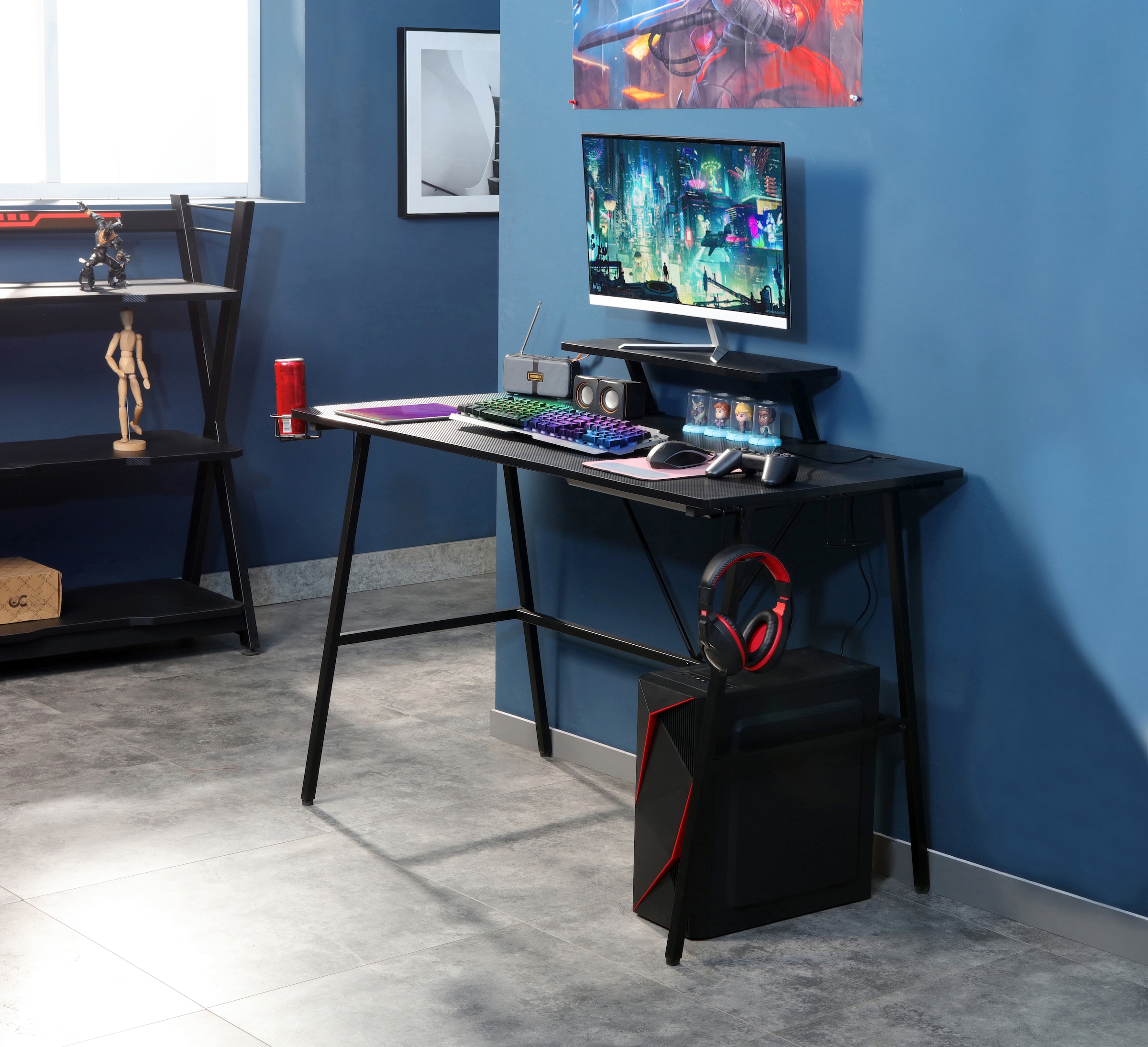 INOSIGN Gamingtisch »STREAKY, Schreibtisch, Computertisch, Kabeldurchlass, 2 Kopfhörerhaken«,Getränkehalter, Monitoraufsatz, Kabelführung, Breite 120 cm