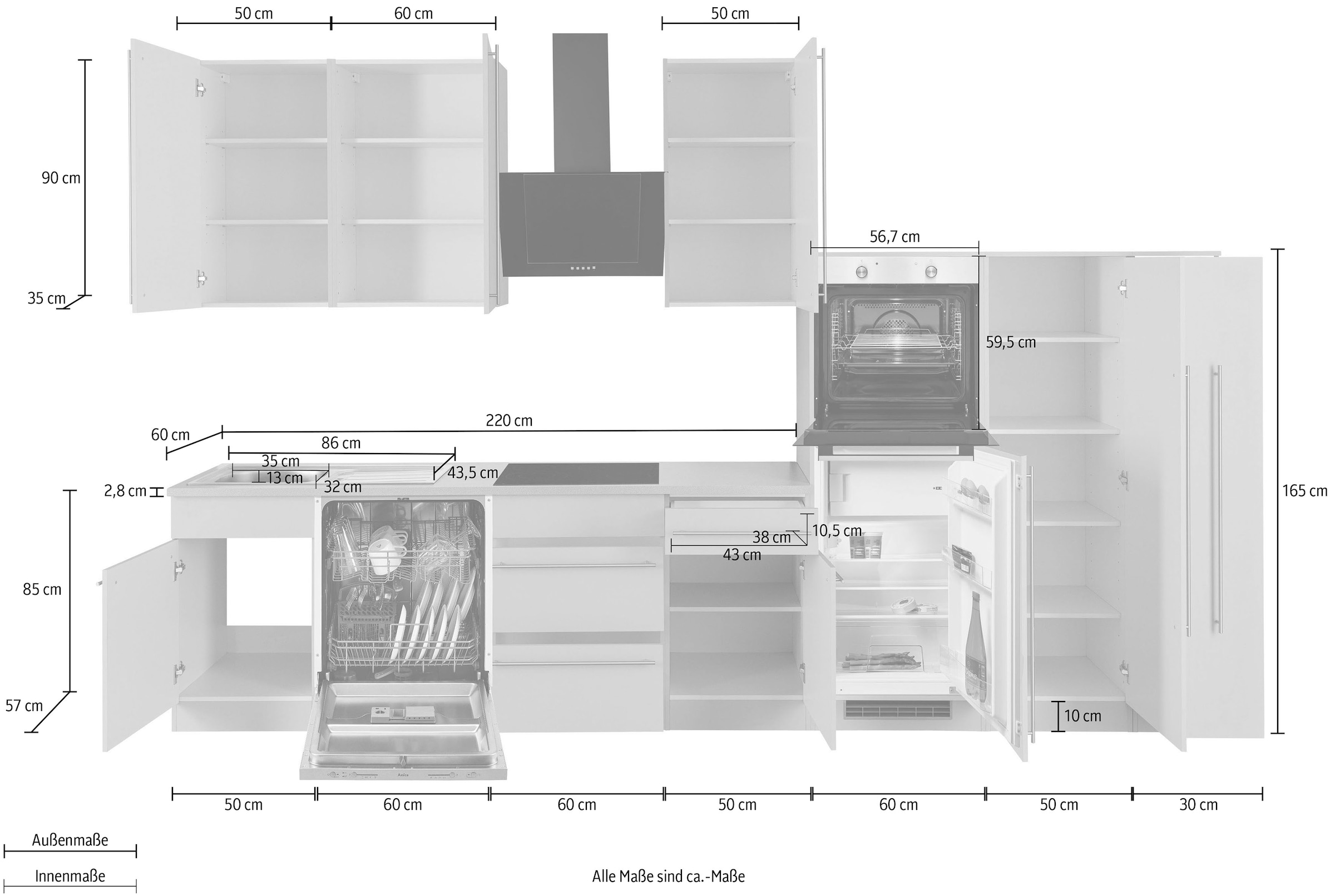 wiho Küchen Küchenzeile »Chicago« ohne E-Geräte, Breite 360 cm