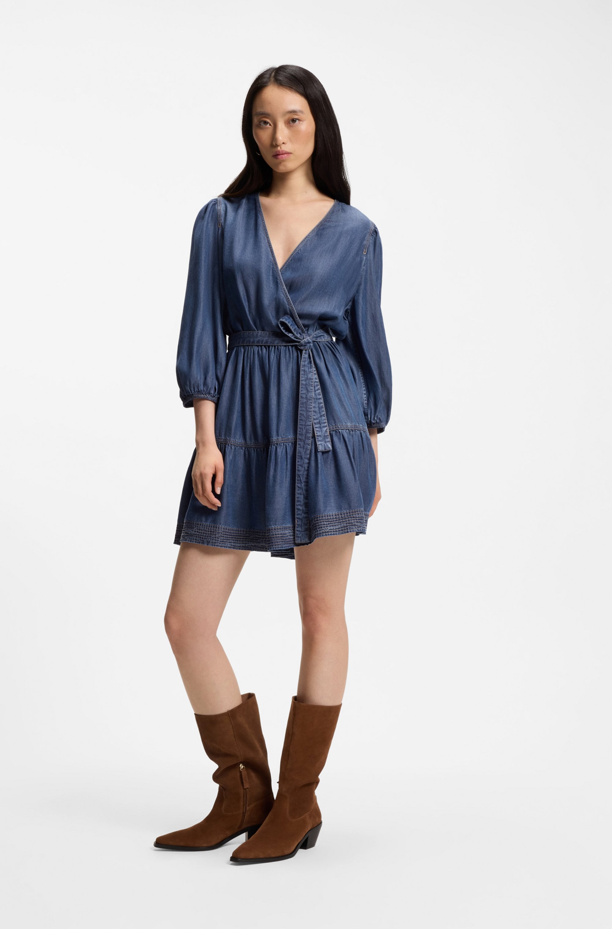 BOSS ORANGE Wickelkleid »Dardy Premium Damenmode« im Denim-Look, Bindegürtel