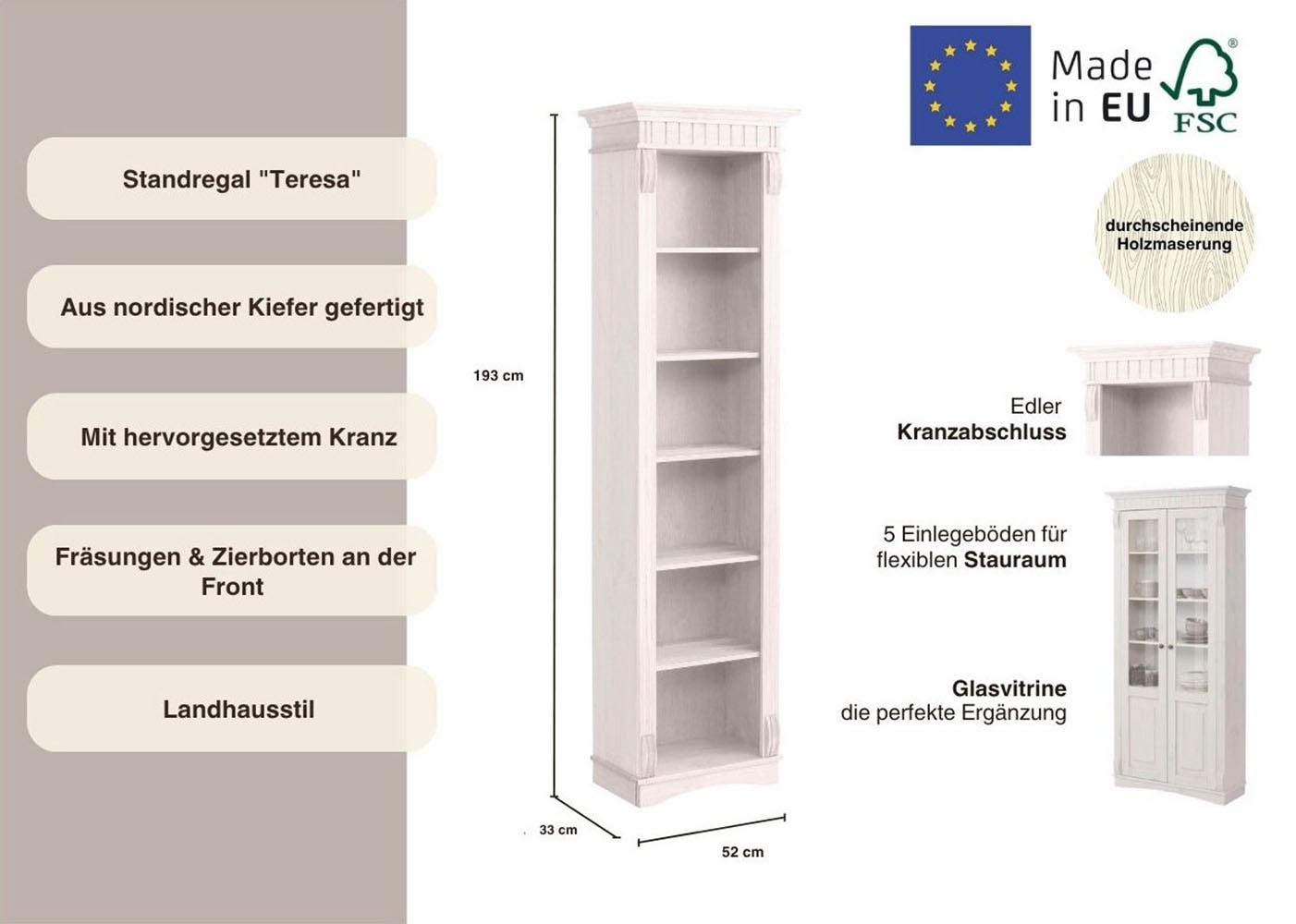 Home affaire Standregal »Teresa«, (Maße (B/T/H): 52/33/193 cm), Höhe 193 cm, aus massiver Kiefer, FSC®
