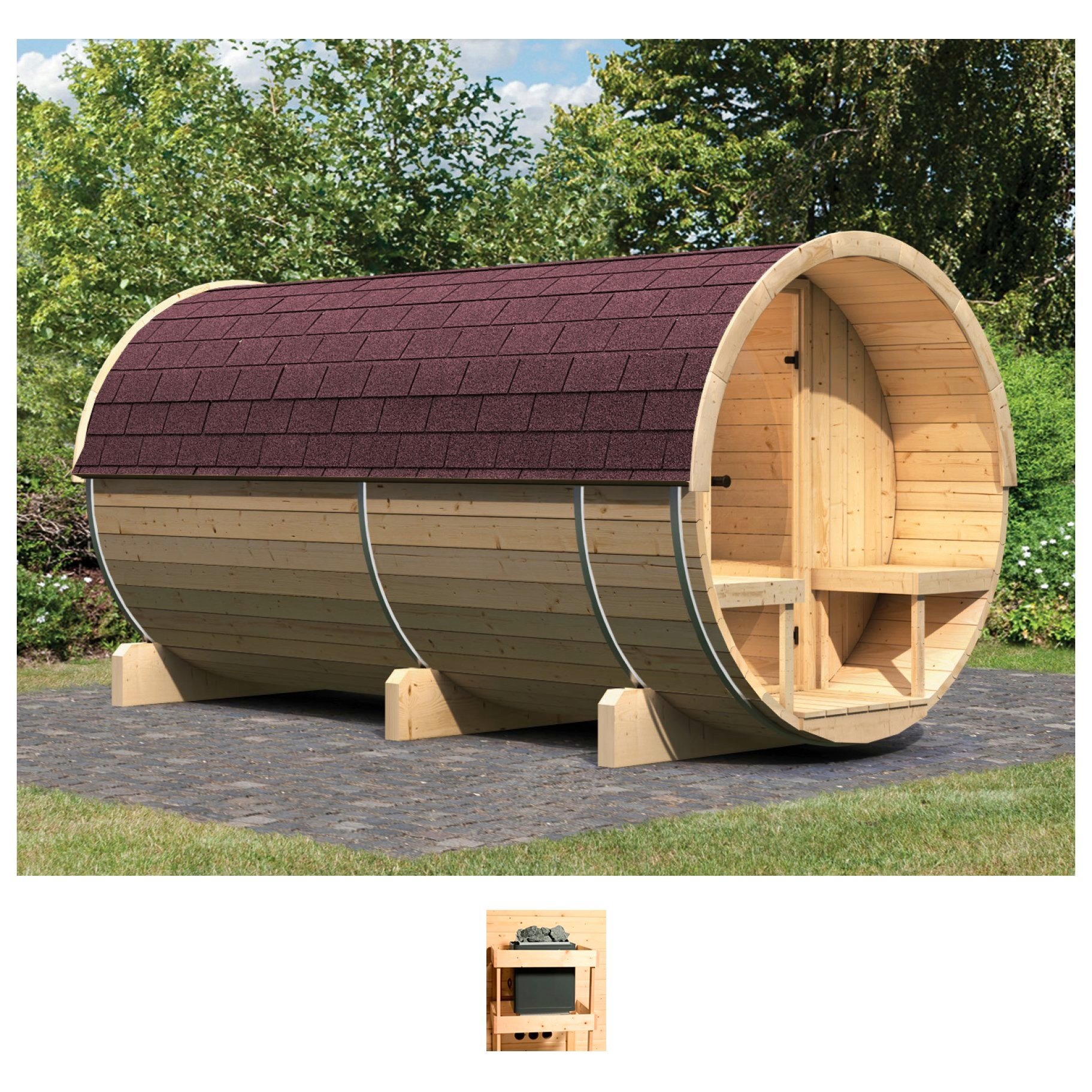 Karibu Fasssauna, (Set), ohne Ofen, mit roten Dachschindeln