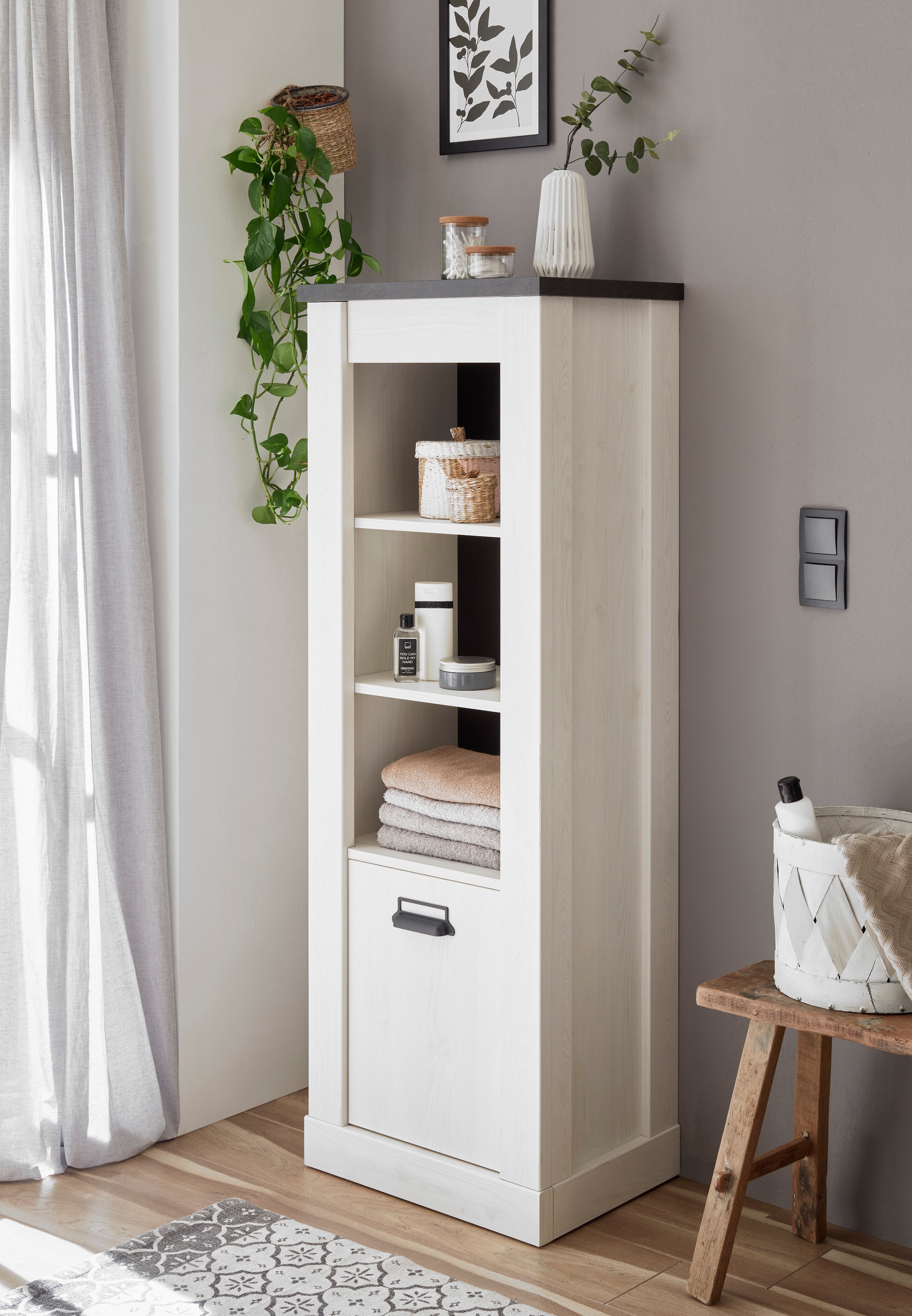 Home affaire Badmöbel-Set »SHERWOOD, Bad im modernen Design, 3-teiliges Badezimmer«, (3 St.), in 2 Farben verfügbar, Scheunentorbeschlag & Apothekergriff aus Metall