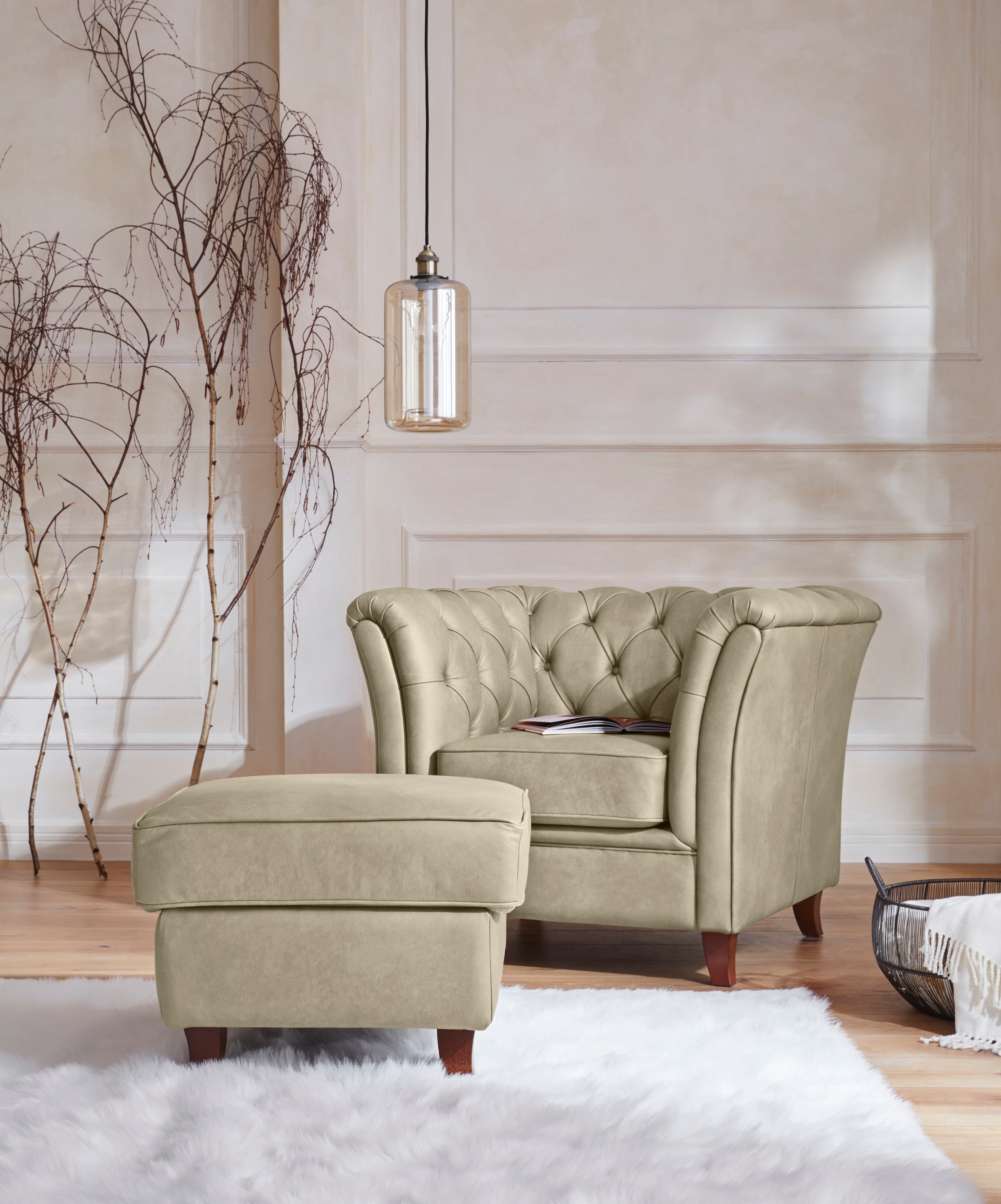 Home affaire Polsterhocker »Reims«, echte Chesterfield-Knopfheftung, Samtoptik mich changierender Optik