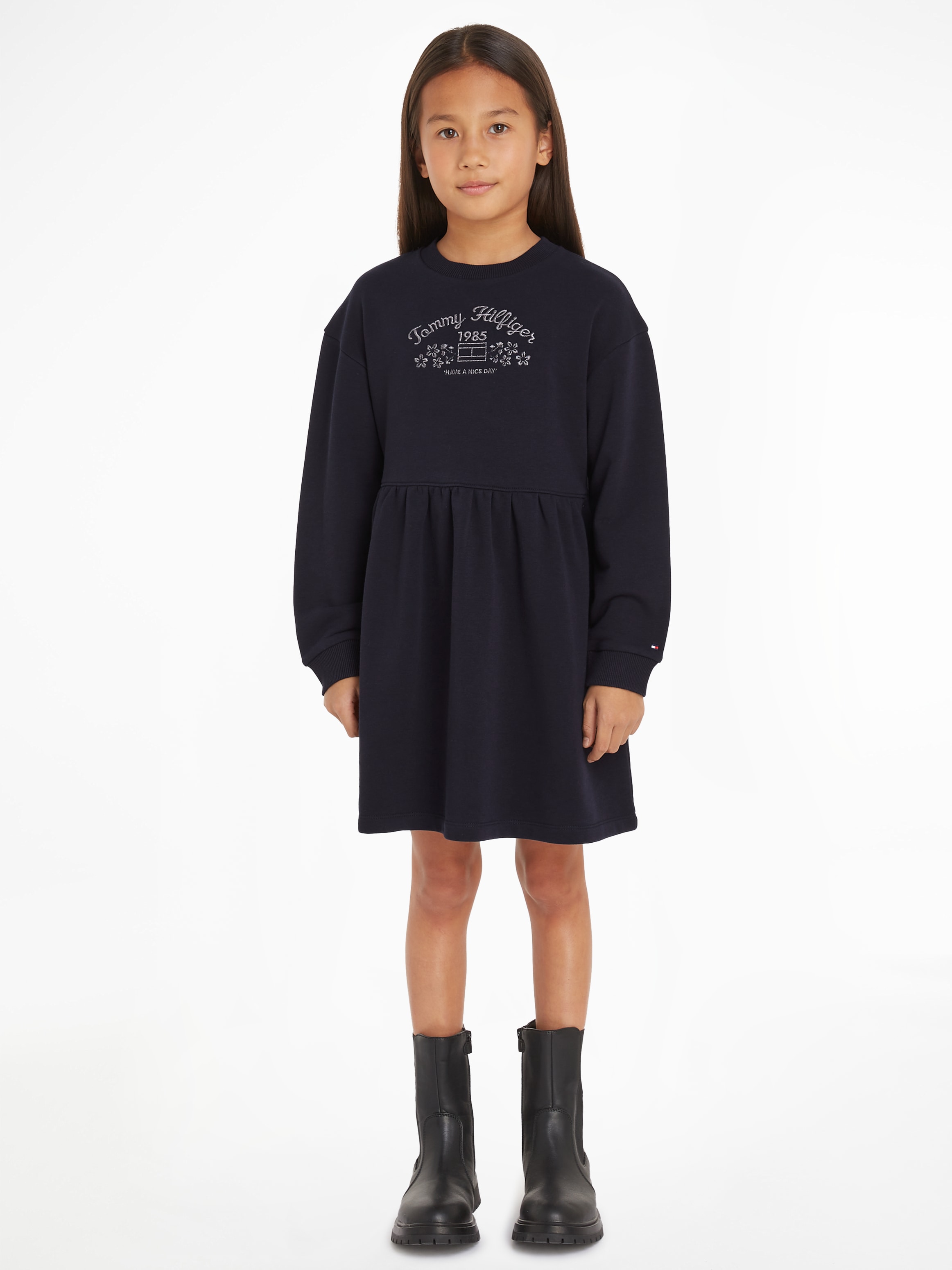 Tommy Hilfiger Strickkleid »EMB FLOWER KNITTED DRESS LS«, Kinder bis 16 Jahre mit Logoschriftzug