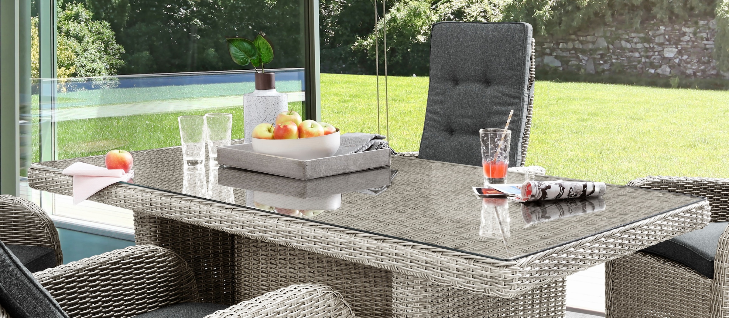 Destiny Garten-Essgruppe »PALMA LUNA«, (9 tlg., 4x Hochlehner, 1x Tisch, inkl. Auflagen), Aluminium, Polyrattan