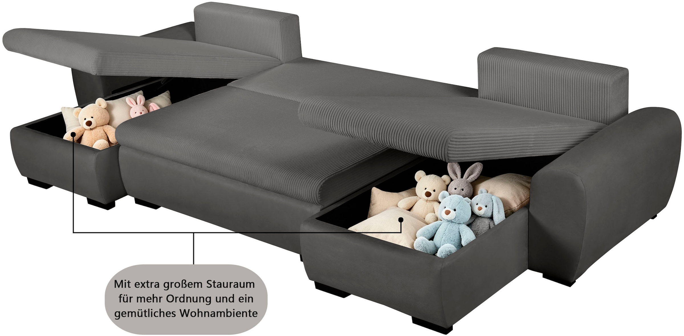 OTTO home Wohnlandschaft »KIVELLA Cord-Struktur, U-Form, 307 cm« Schlaffunktion(128/257), Bettkasten, Cord-Struktur-Mix
