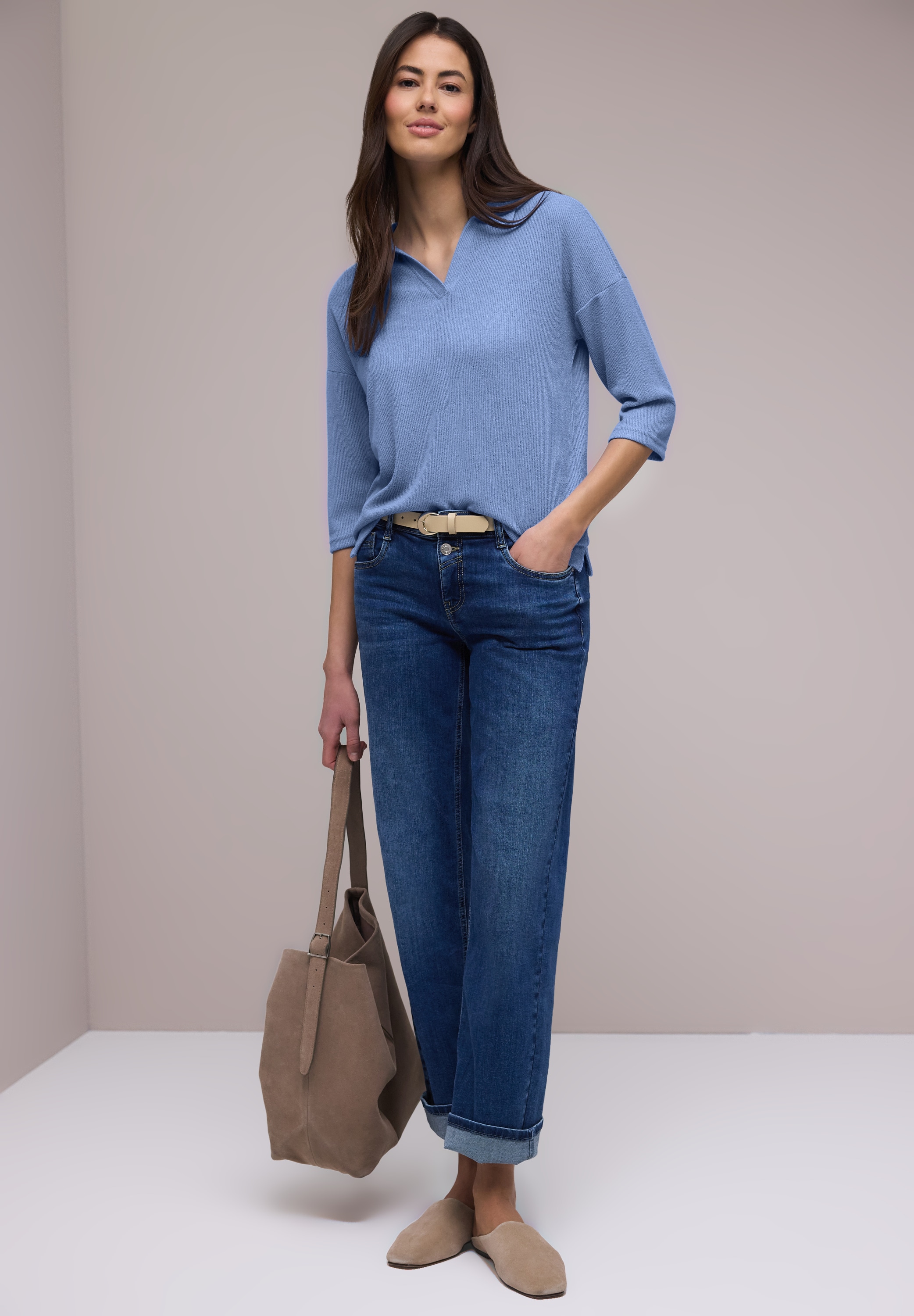 STREET ONE 3/4-Arm-Shirt mit Polokragen und V-Ausschnitt