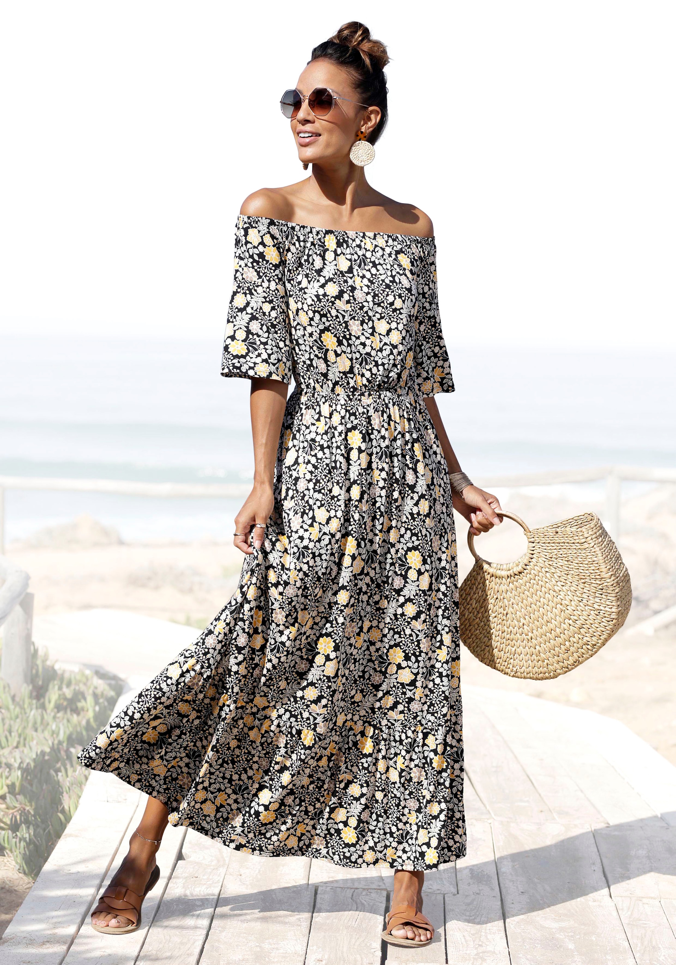 Maxikleid, mit Blumendruck und Carmenausschnitt, Sommerkleid, Strandkleid