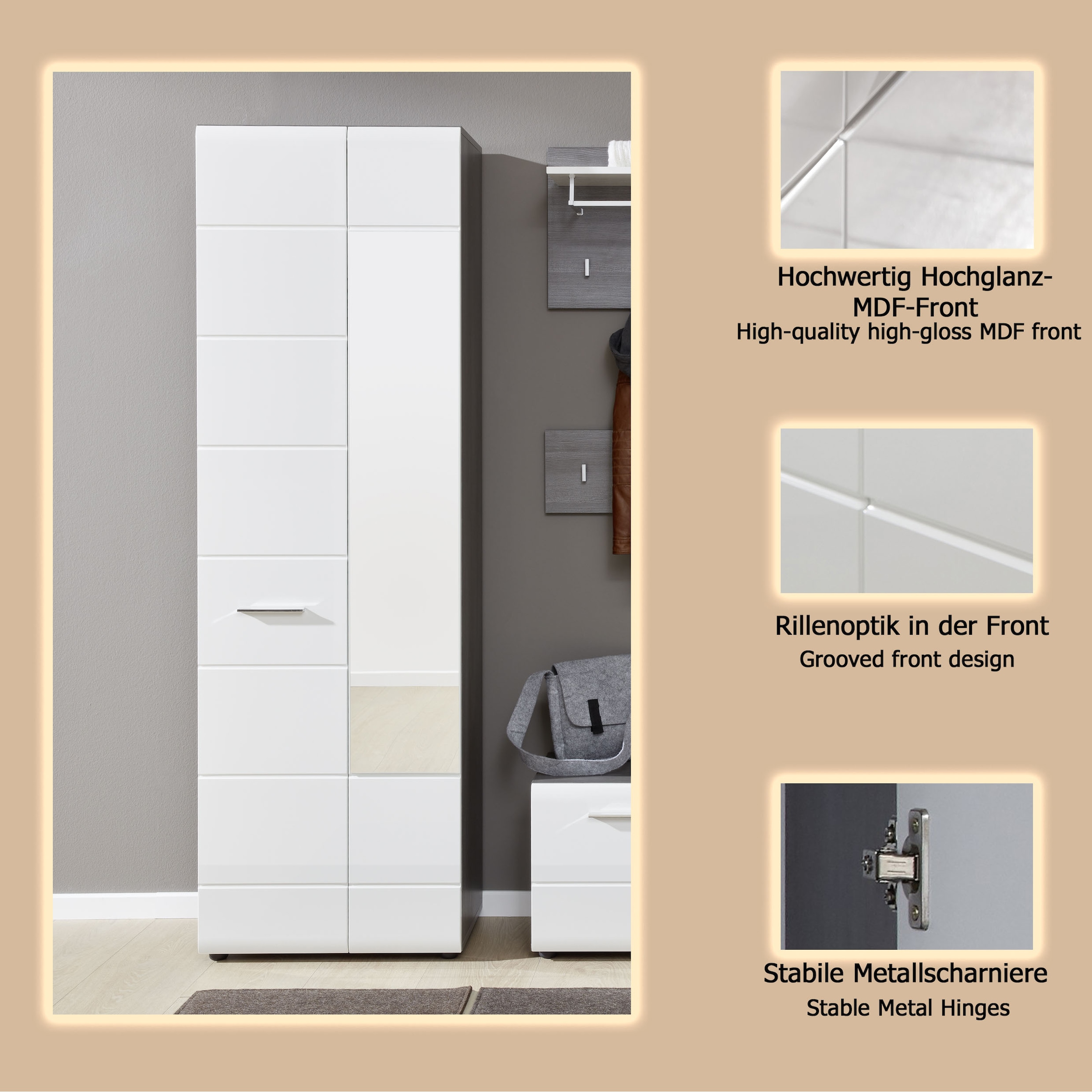 INOSIGN Garderobenschrank »Sovana«, Garderobenschrank mit 2 Türen & Spiegel - (B/T/H) 60/36/191 cm