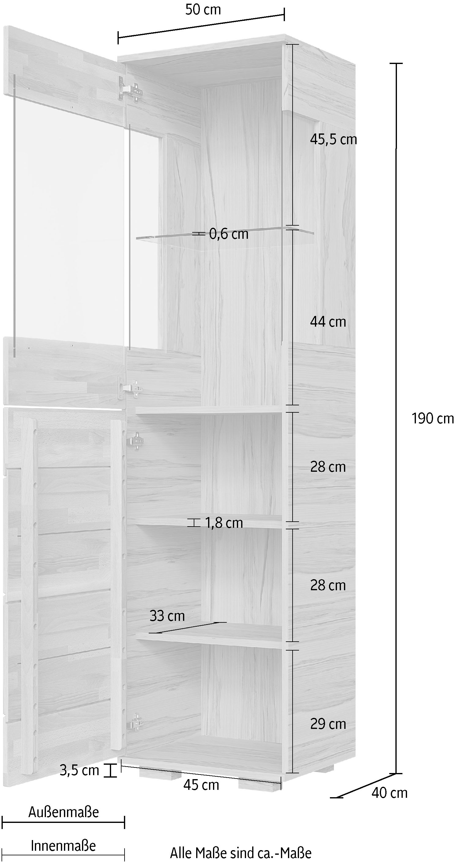 OTTO home Vitrine »VETRO: Fronten aus Massivholz, Korpus aus Melamin, 1Glastür« Kernbuche B/T/H:50/40/190cm, 3Variable einlegeboden, Türanschlag L/R