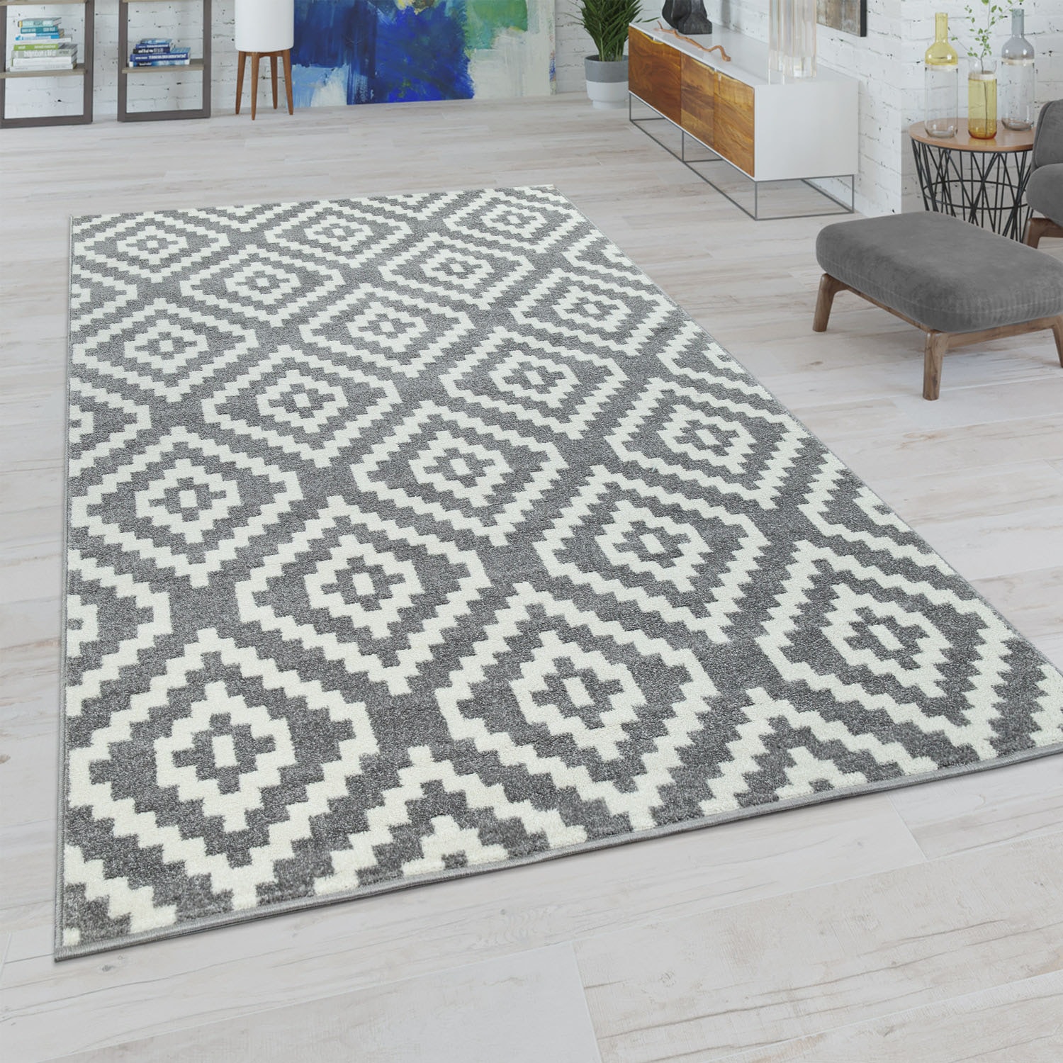 Paco Home Teppich »Stella 400«, rechteckig, 16 mm Höhe, Kurzflor, Pastell Farben, Rauten Design, Wohnzimmer