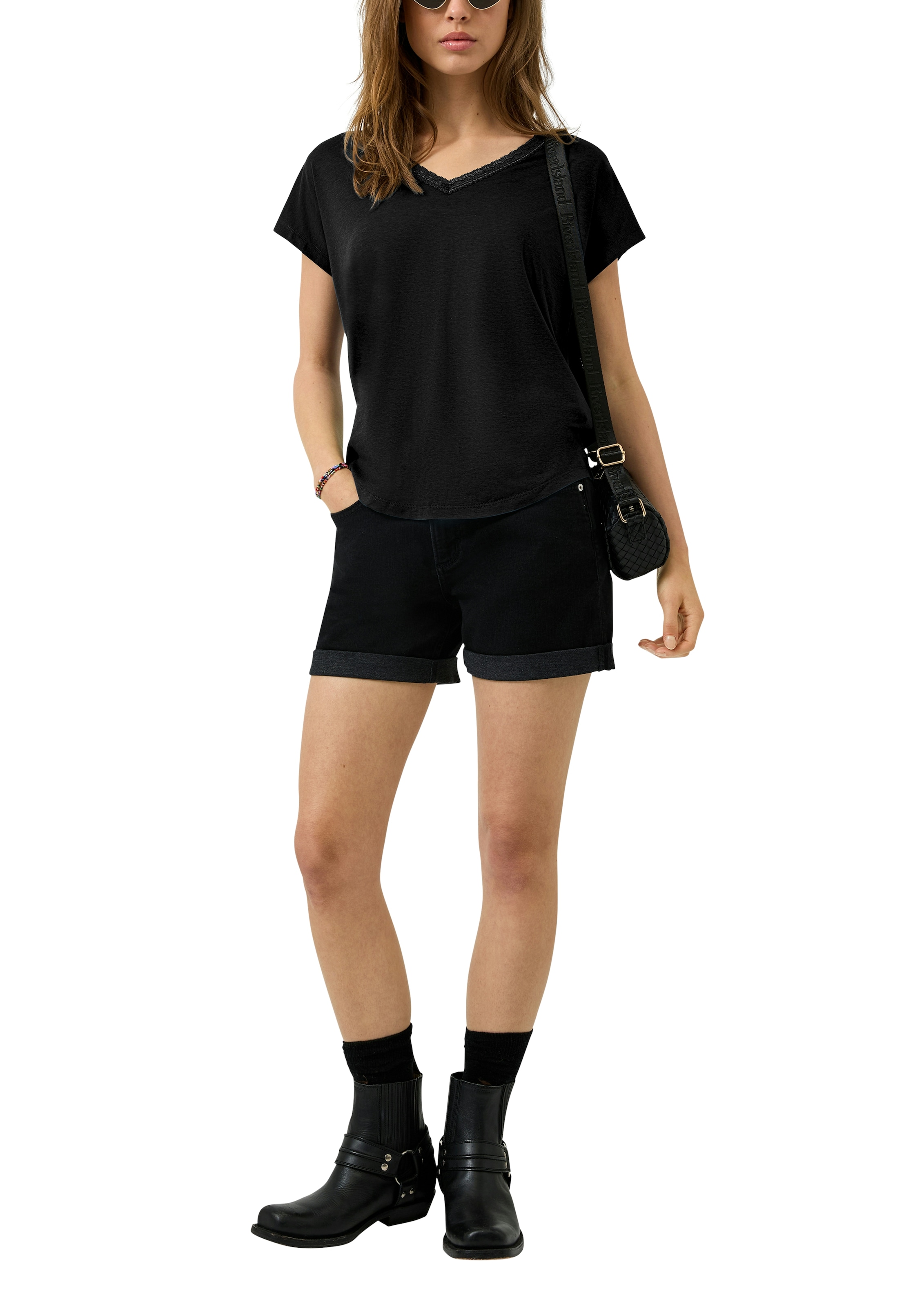 QS Kurzarmshirt mit V-Ausschnitt und Spitze