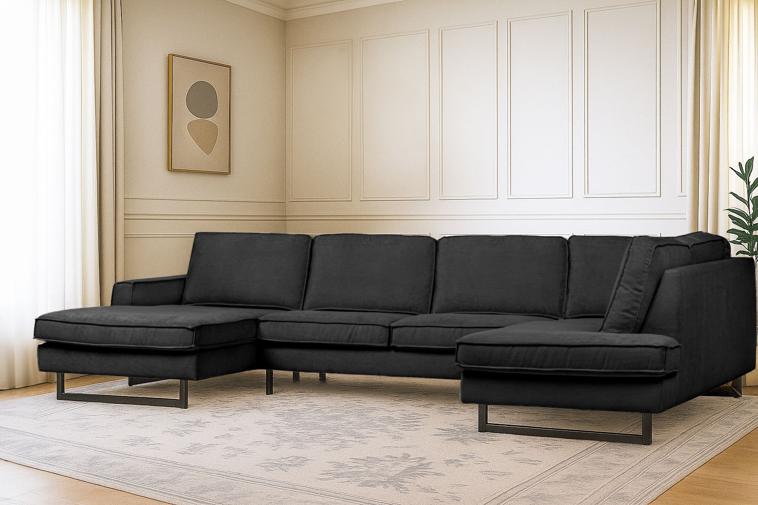 Home affaire Wohnlandschaft »Pinto, 350 cm, U-Form, XXL, mit Ottomanen« Cord, Chenille, Lederoptik, mit Keder, Metallfüße, Wellenunterfederung