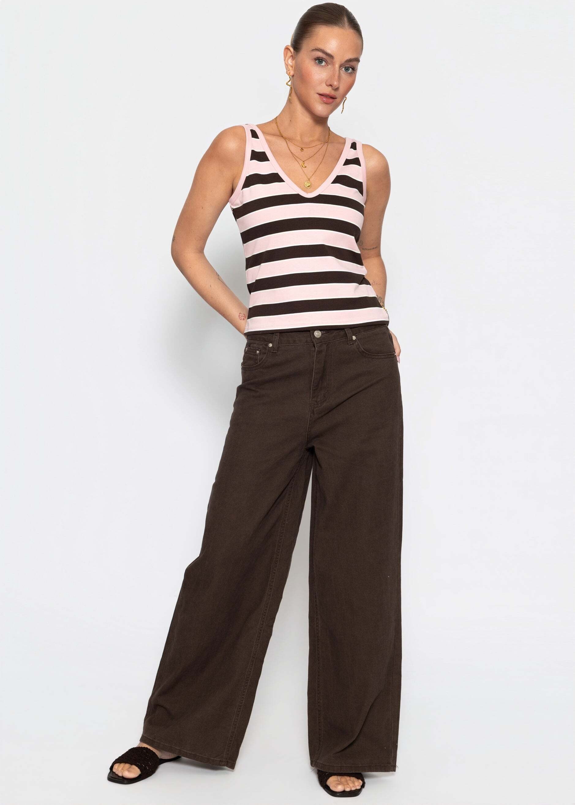 SASSYCLASSY T-Shirt »Gestreiftes Tank Top mit V-Ausschnitt« Ärmelloses Top aus Baumwoll/Viskose in schmaler Passform