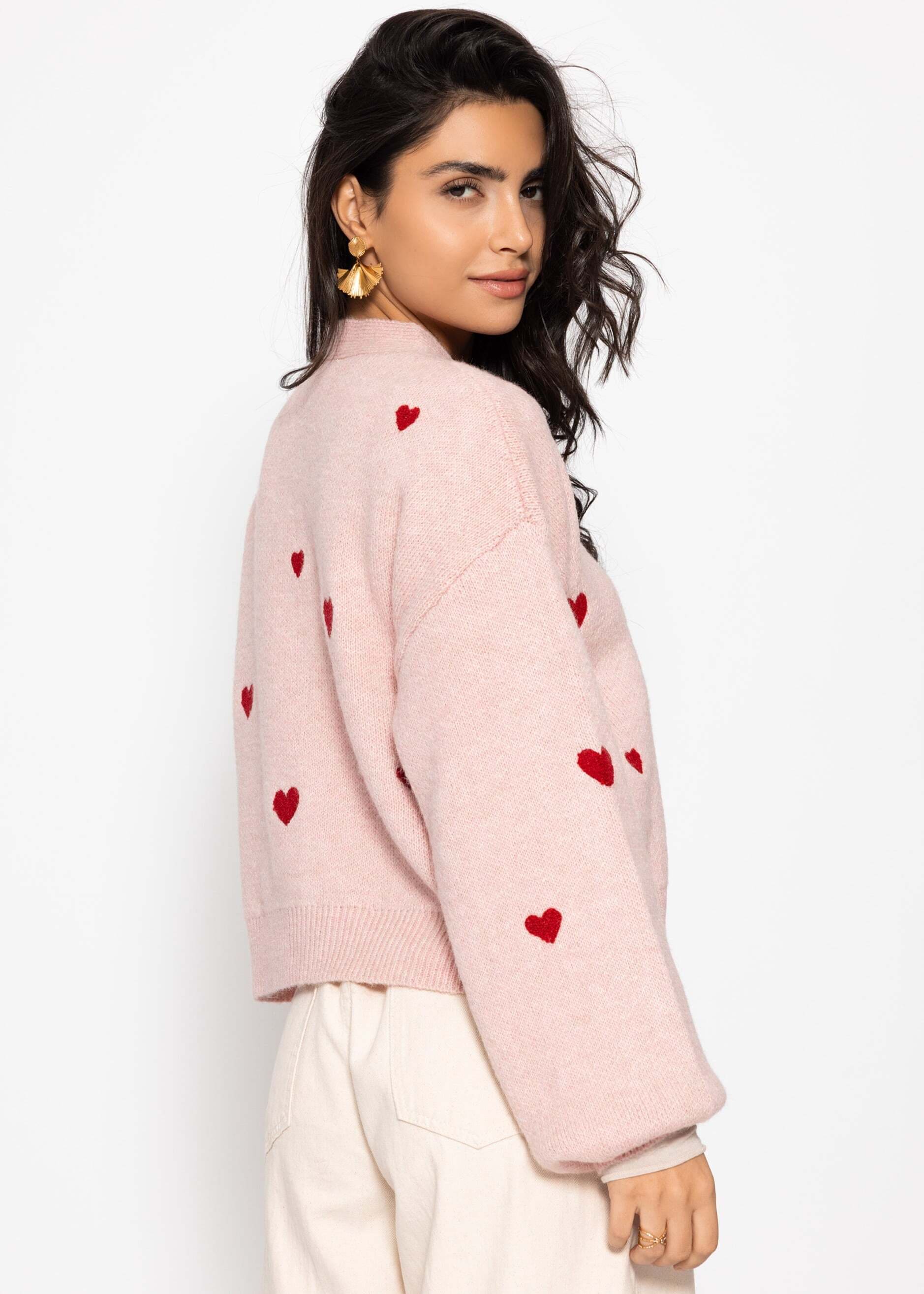SASSYCLASSY Cardigan »Cardigan mit Herzen« Weiche Strickjacke mit V-Ausschnitt und Knopfleiste Offwhite Rosa