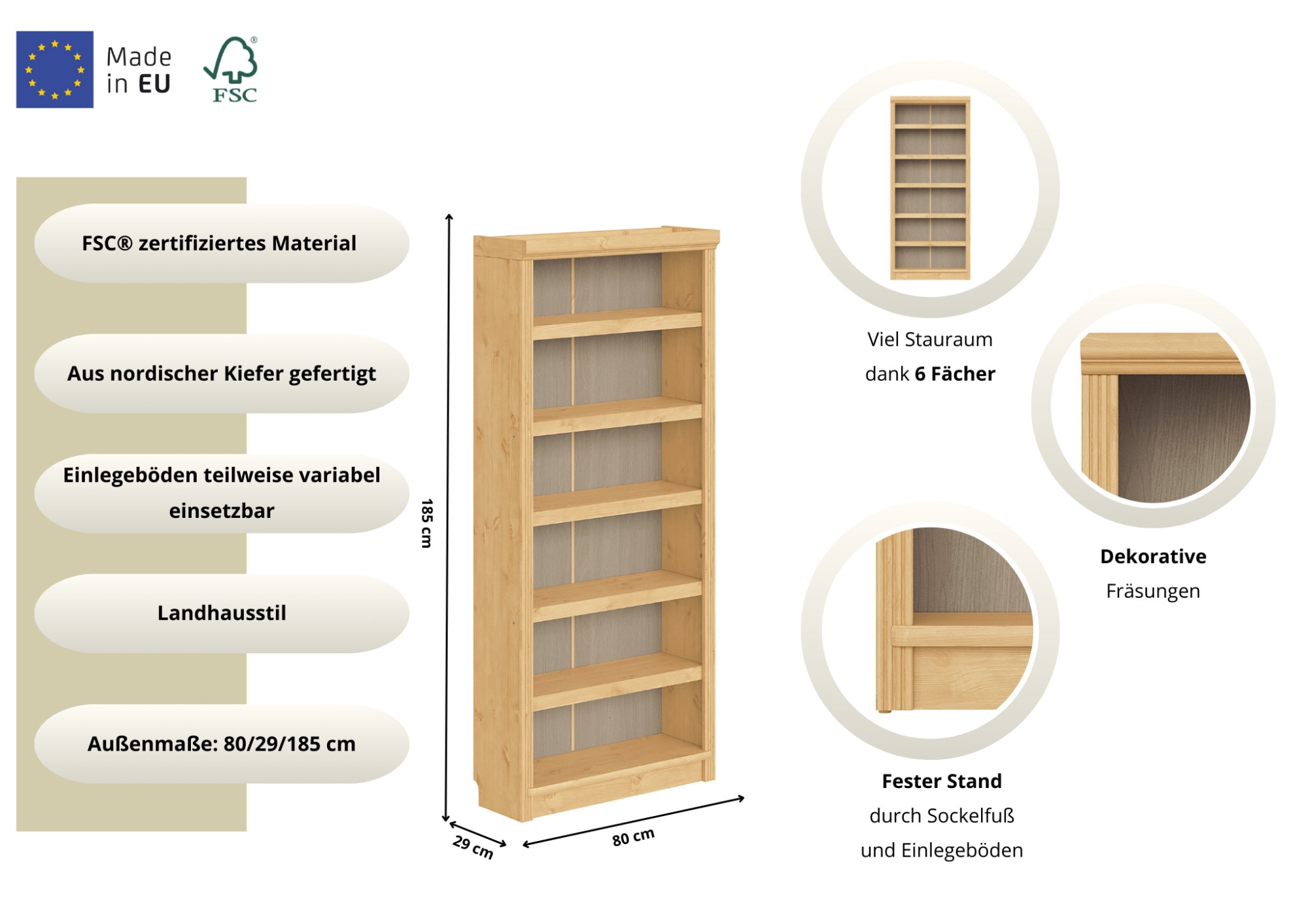 OTTO home Bücherregal »Soeren Regal B/T/H: 80/29/185 cm, 6 Fächer« aus massiver Kiefer, FSC®-zertifiziert