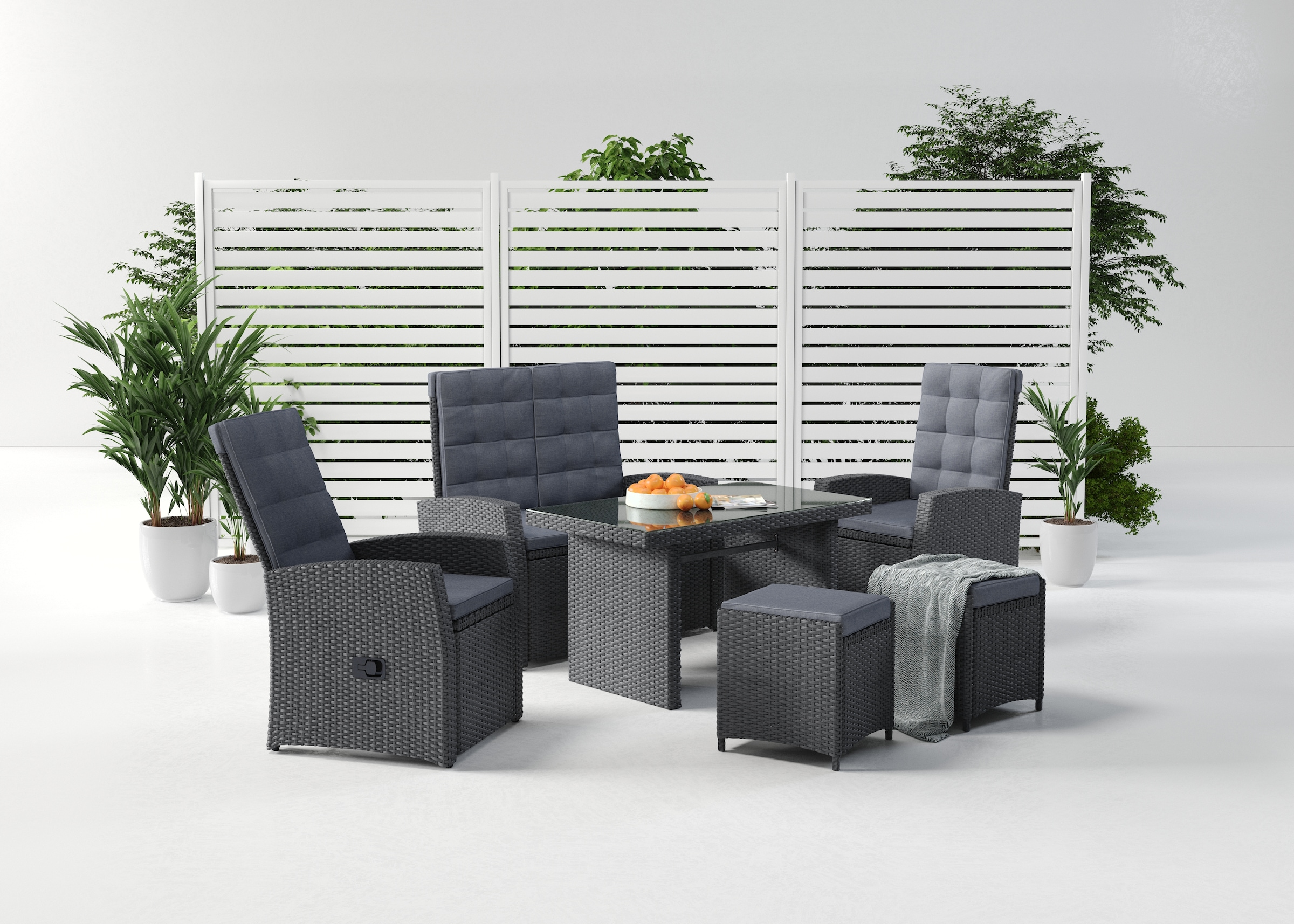 KONIFERA Gartenlounge-Set »Paris«, (Set, 12 tlg., 2x Sessel, 2x Hocker, 2er Sofa, 1xTisch 120x70x66cm,inkl. Schutzhülle), verstellbare Rückenlehne, Polyrattan, Aluminium