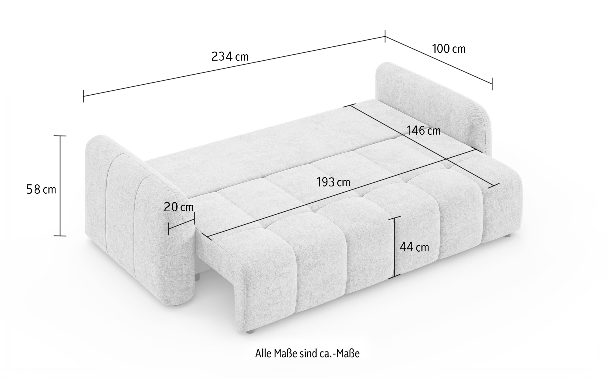 OTTO home 3-Sitzer »NERRINA Schlafsofa, Bettkasten, komfortables Sitzgefühl, Breite 234cm« Liegefläche 146x193cm, inklusive Rückenkissen, moderne Steppung