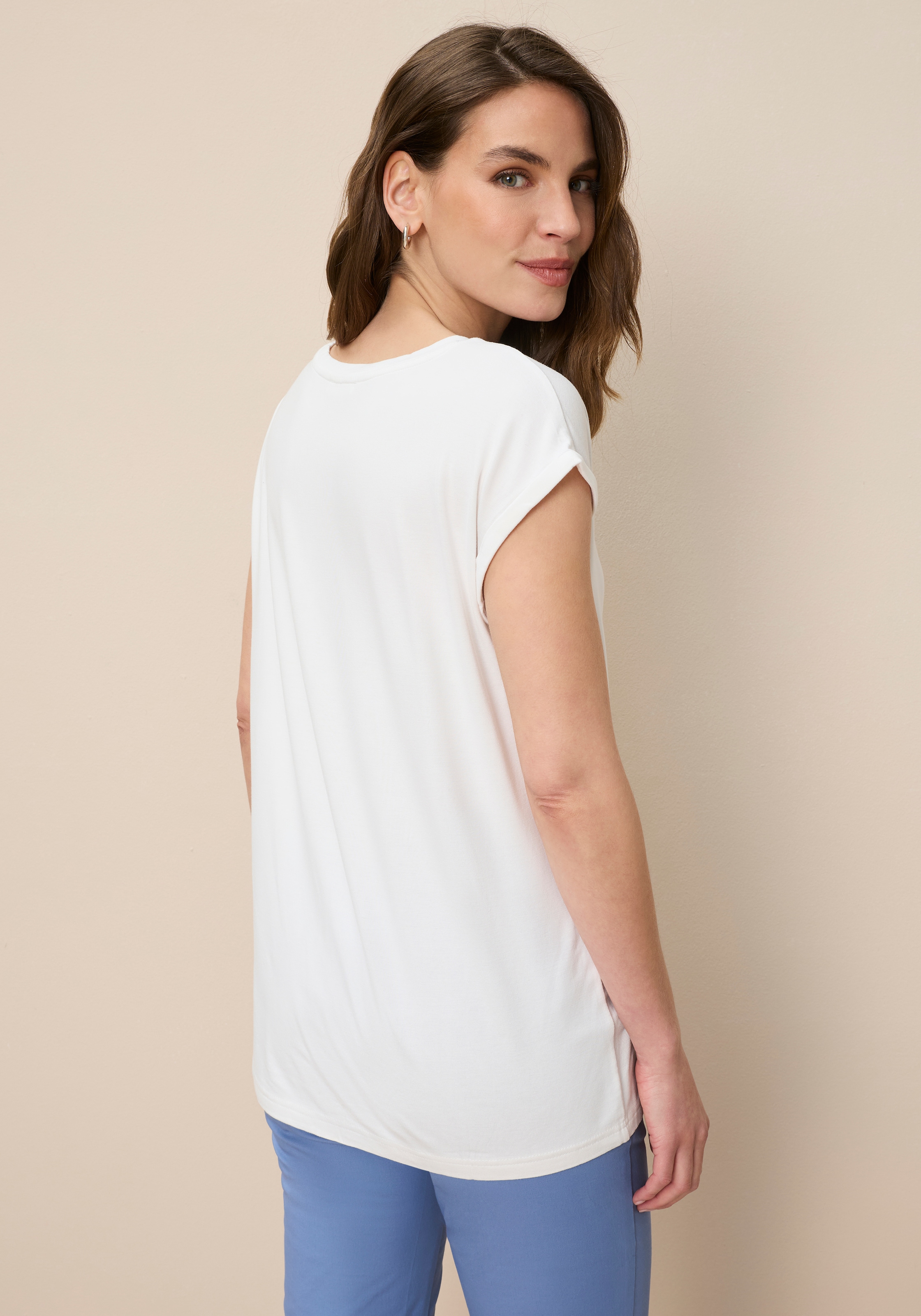 Tamaris T-Shirt Regular Fit, mit überlappenden Schultern, Kurzarm mit Aufschlag