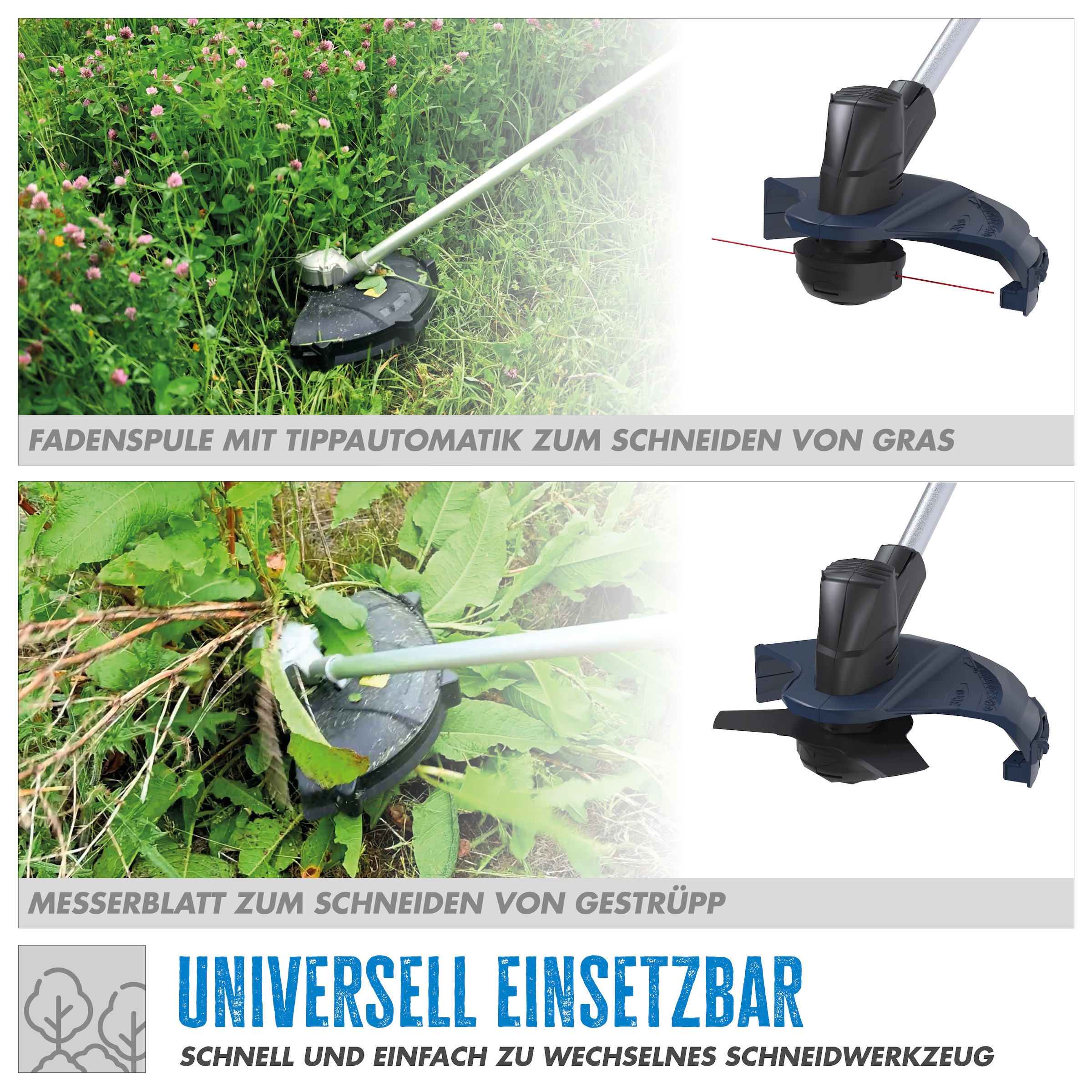 Güde Akku-Hochentaster »Akku-Freischneider »FS 18-401-30««, (Schnittbreite 255/300mm), Inkl. Akku 4 Ah und Ladegerät, mit 3-Zahn Messer und Doppelfadenkopf