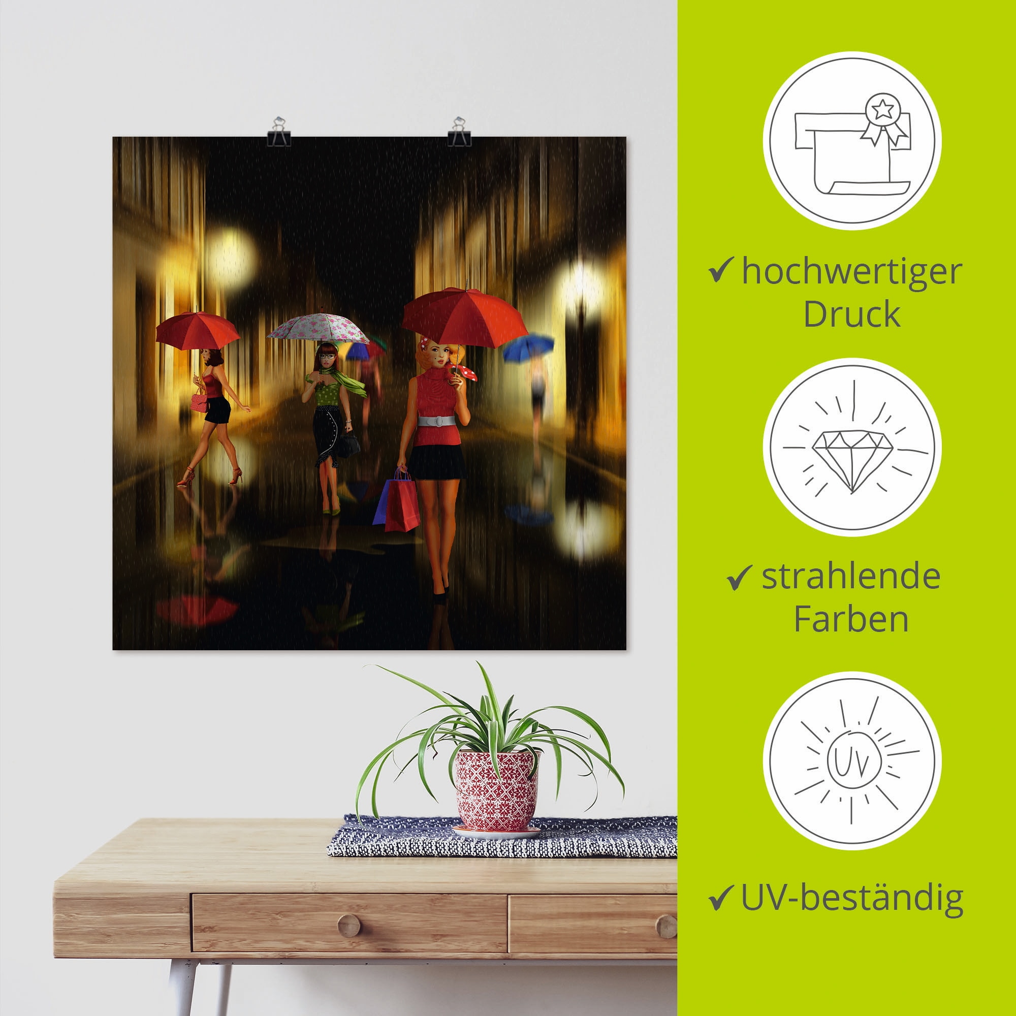 Artland Poster »Frauen beim Einkaufen im Regen« Frau 1 Stk. tlg. als Alubild, Outdoorbild, Leinwandbild, Poster in verschied. Größen