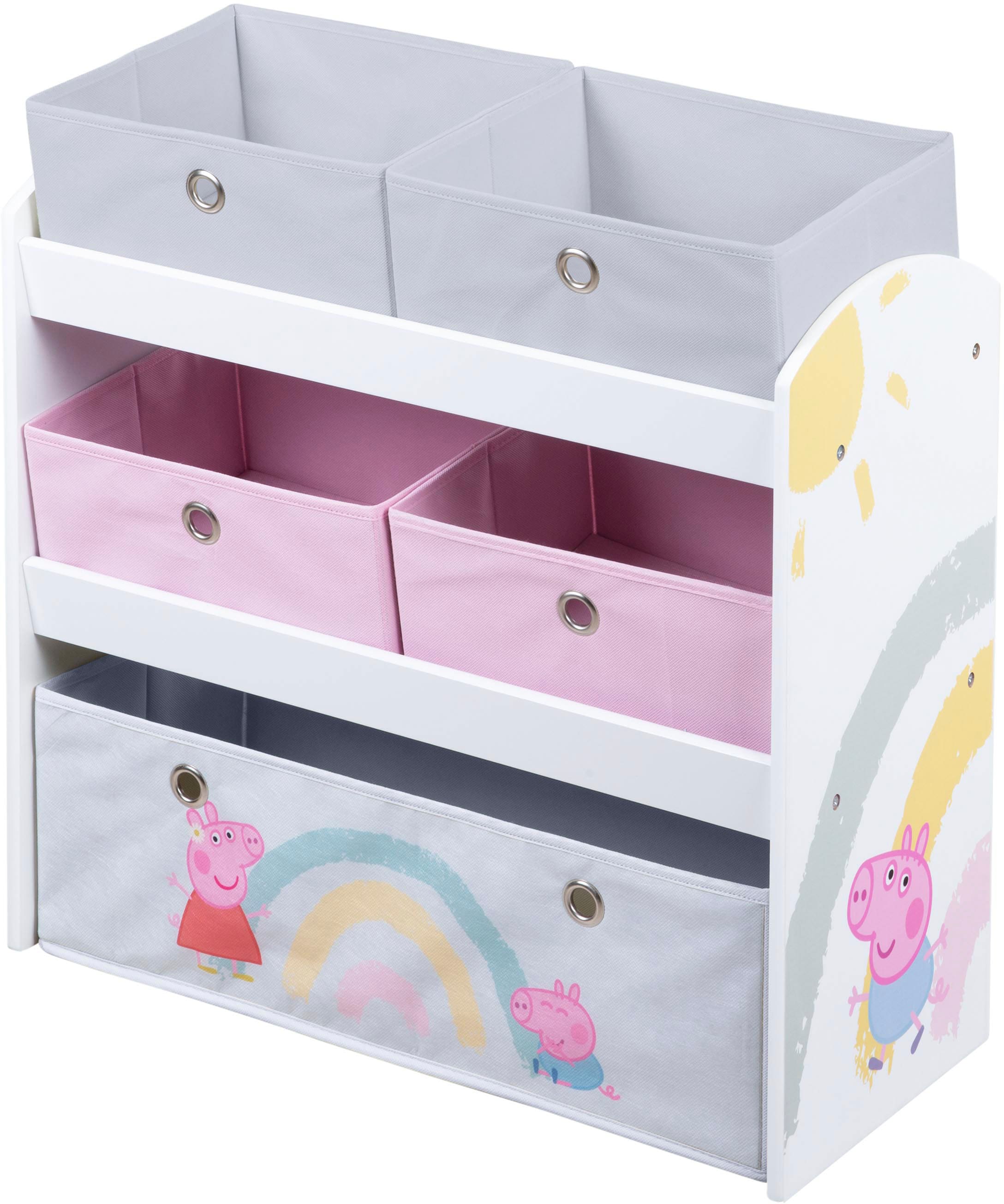 Kinderregal »Peppa Pig, weiß«, inklusive 5 Stoffboxen in 2 Größen