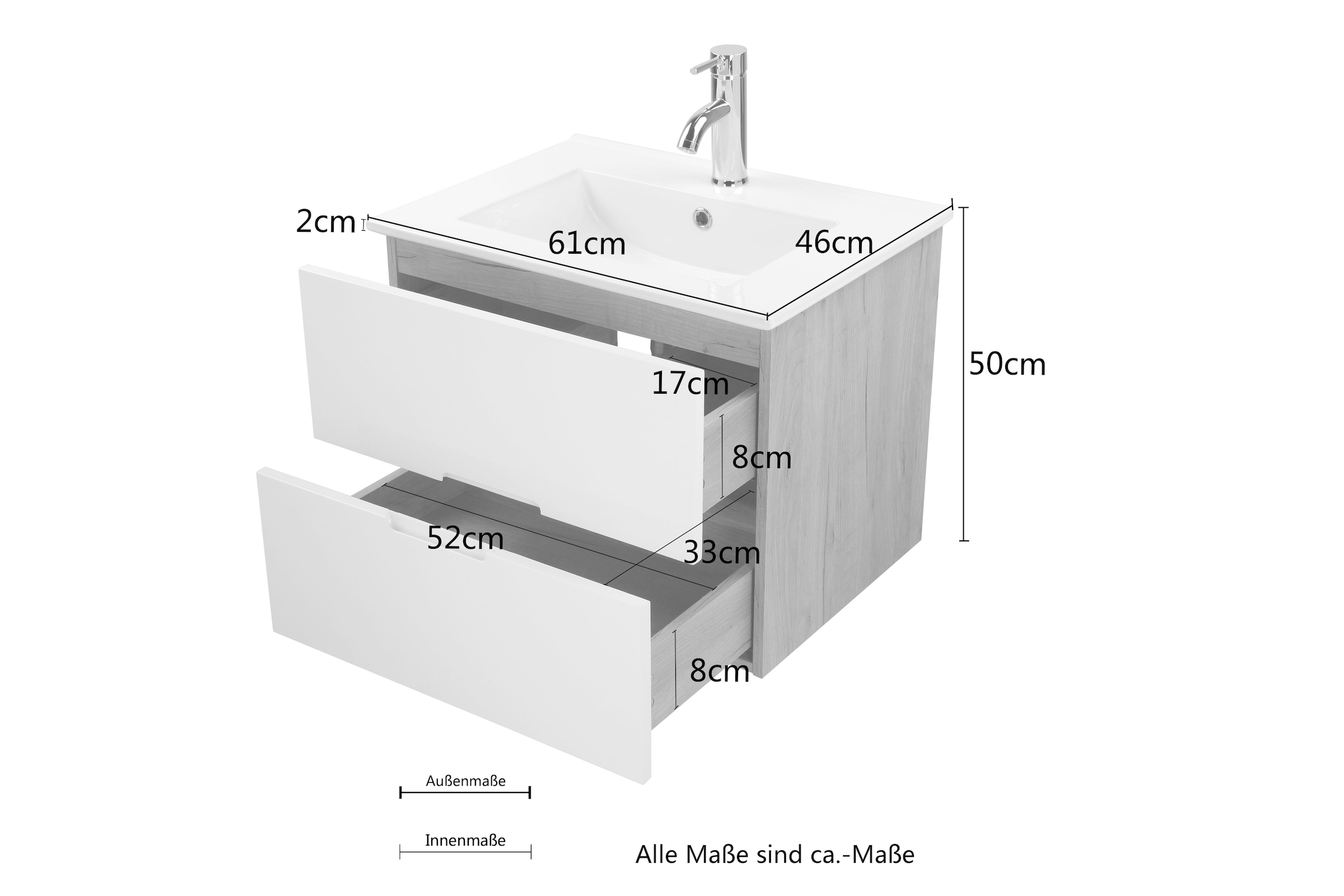 andas Waschtisch »Lund Badmöbel Schrank Unterschrank mit Becken«, Waschplatz mit 2 Auszügen und Waschbecken Breite 60cm