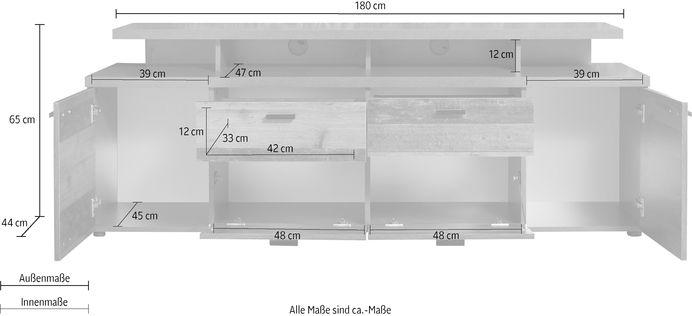 INOSIGN TV-Board »Messina«, (1 St.), TV-Lowboard mit Türen, Schubladen & Fächern - (B/T/H) 180/47/66 cm