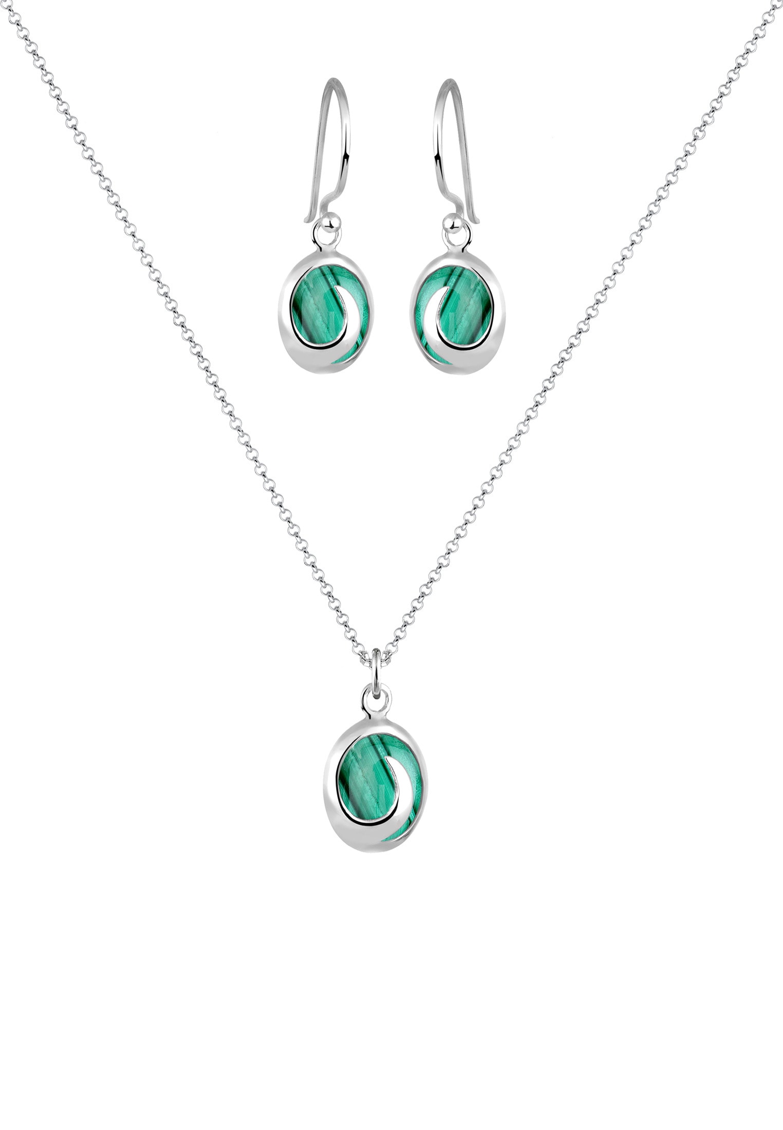 Elli Ohrring und Ketten Set »Schmuckset Oval mit Malachit Edelstein in Grün 925 Silber«