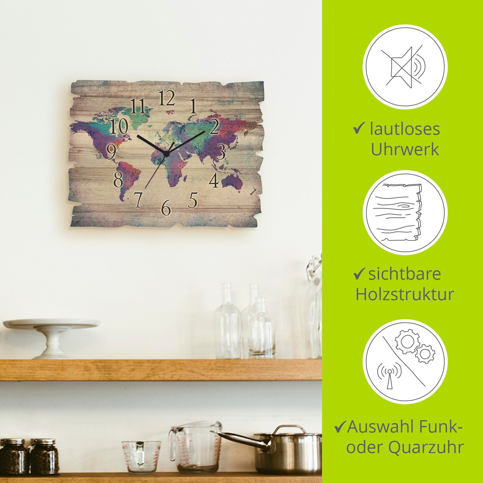 Artland Wanduhr »Holzuhr bunte Weltkarte« wahlweise mit Quarz- oder Funkuhrwerk, lautlos ohne Tickgeräusche