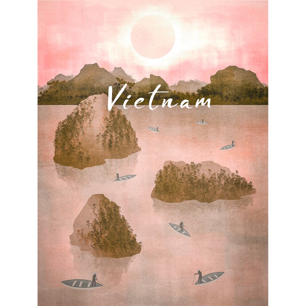 Komar Wandbild »Vintage Travel Vietnam«, (1 St.), Deutsches Premium-Poster Fotopapier mit seidenmatter Oberfläche und hoher Lichtbeständigkeit. Für fotorealistische Drucke mit gestochen scharfen Details und hervorragender Farbbrillanz.